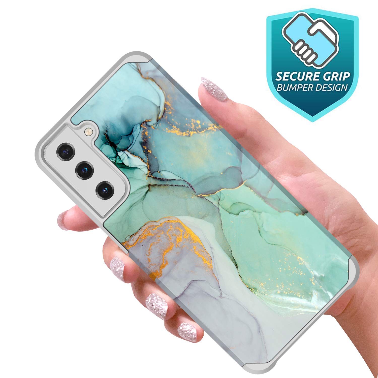 Rosebono Samsung Galaxy A21 Case - Slim Hybrid Shockproof Hard Cover with Graphic Armor Design (Green Marble) | Protective Phone Case for Everyday Use, Work & Travel