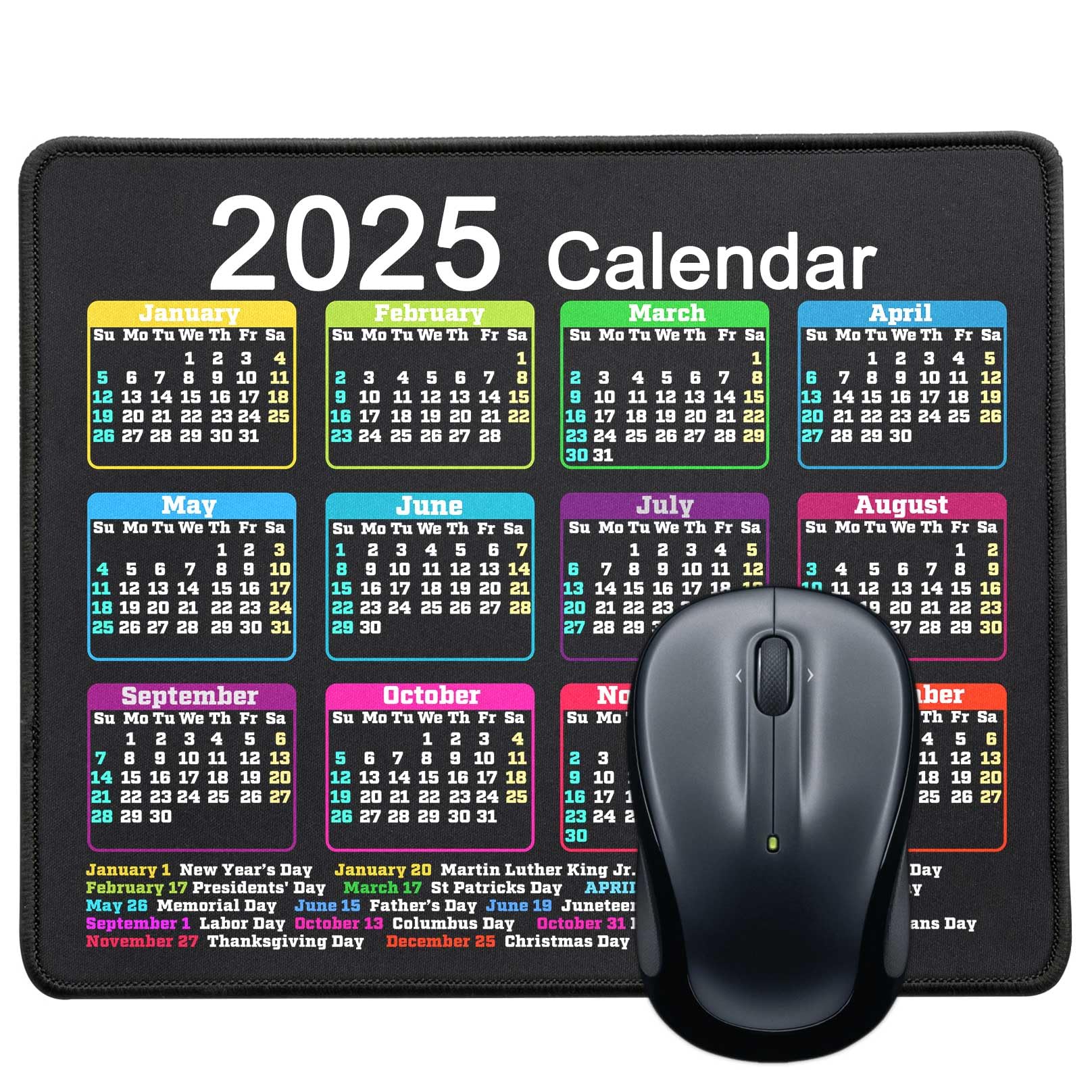 Non-Slip Rubber Base Mouse Pad - Waterproof Computer Mousepad with Stitched Edges for Gaming, Office & Home Use - 9.5 x 7.8 Inch (2025 Calendar Black) - Perfect for Desktops, Laptops & Workstations