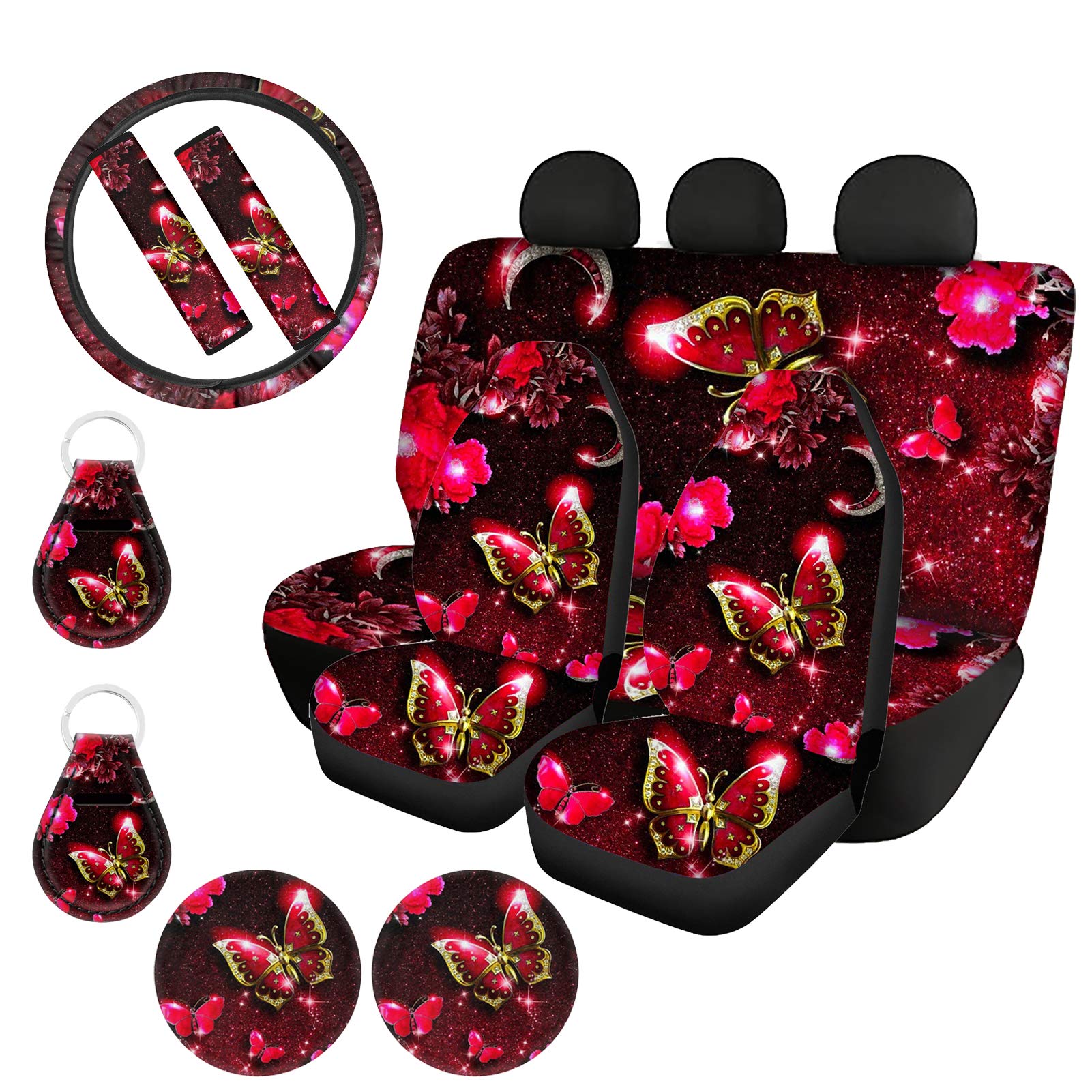 YSTARDREAM Butterfly Car Seat Covers Full Set for Women - Galaxy Floral Red Girly Printed Car Accessories with Steering Wheel Cover, Seat Belt Cover, Cup Holder Coasters & Auto Keychains - Perfect for Car, SUV, Truck Interior Decoration & Comfort