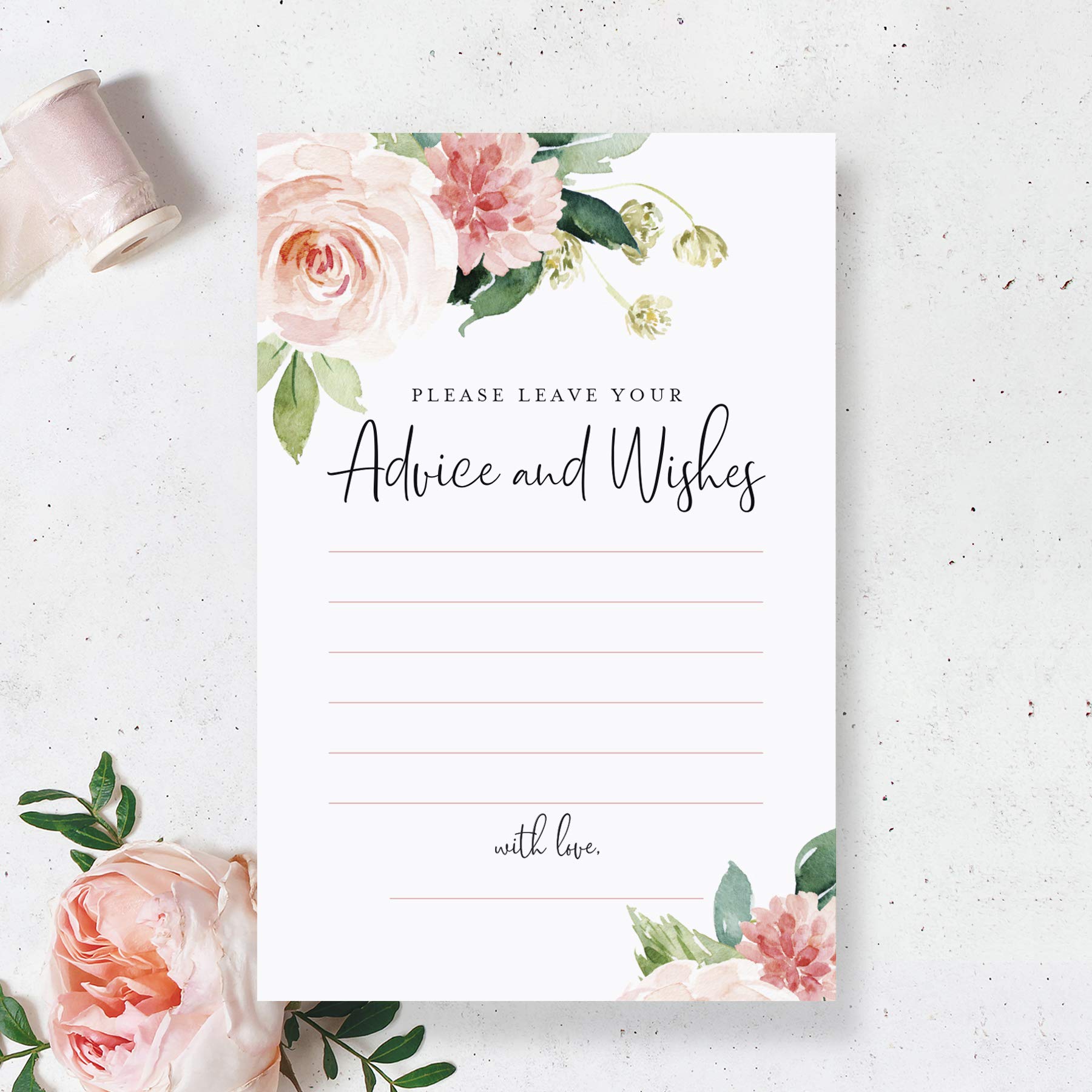 Bliss Collections Advice and Wishes Greeting Cards - 50 Pack Boho Floral Blush Pink & Greenery Design | Perfect for Weddings, Baby Showers, Bridal Showers, Graduation & Special Events | 4x6 Inch Blank Cards for Heartfelt Messages