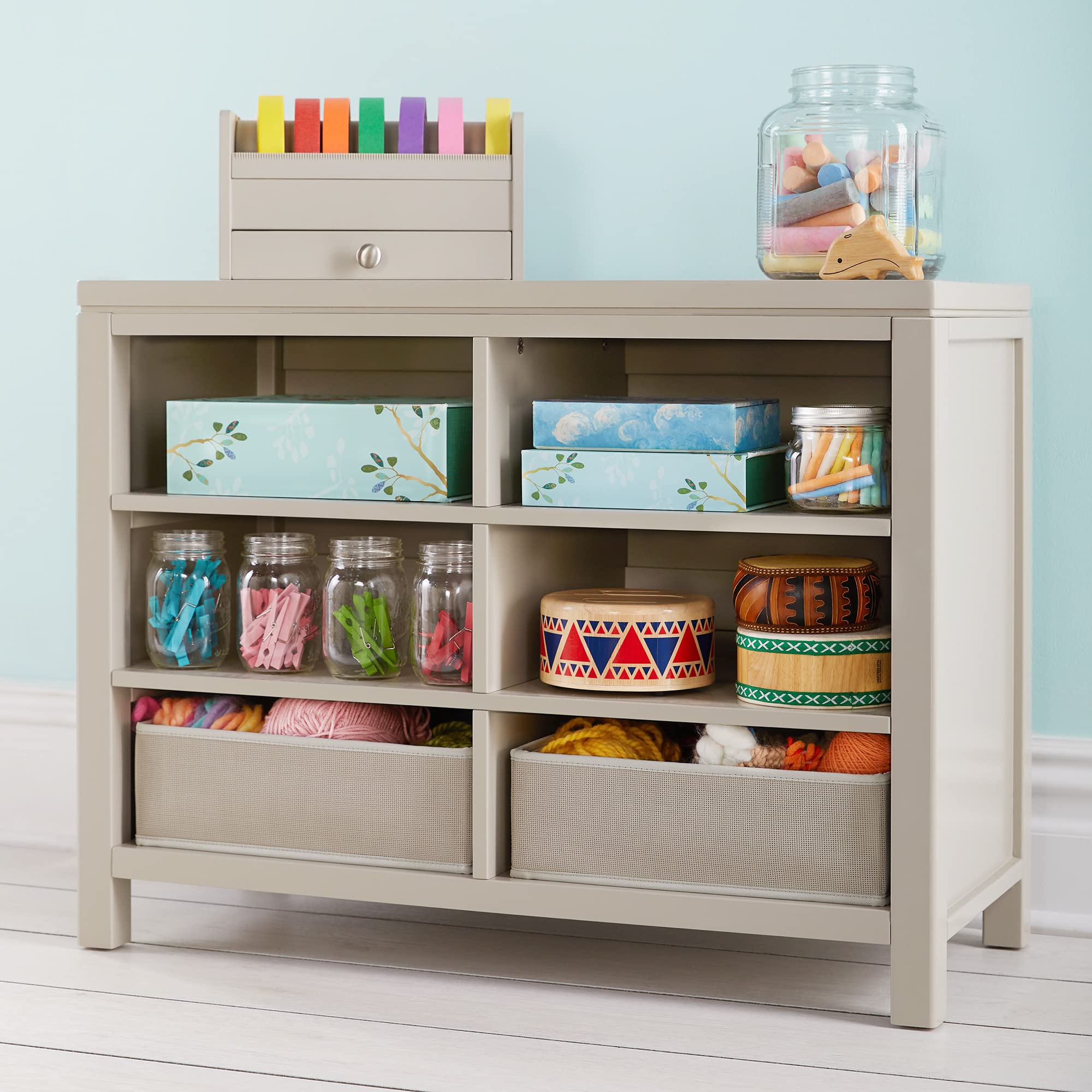 Martha Stewart Kids' Double Open Storage Shelf - Gray Wooden Organizer with 6 Removable Bins | Arts & Crafts Supply Storage for Playrooms, Classrooms & Homeschool Organization