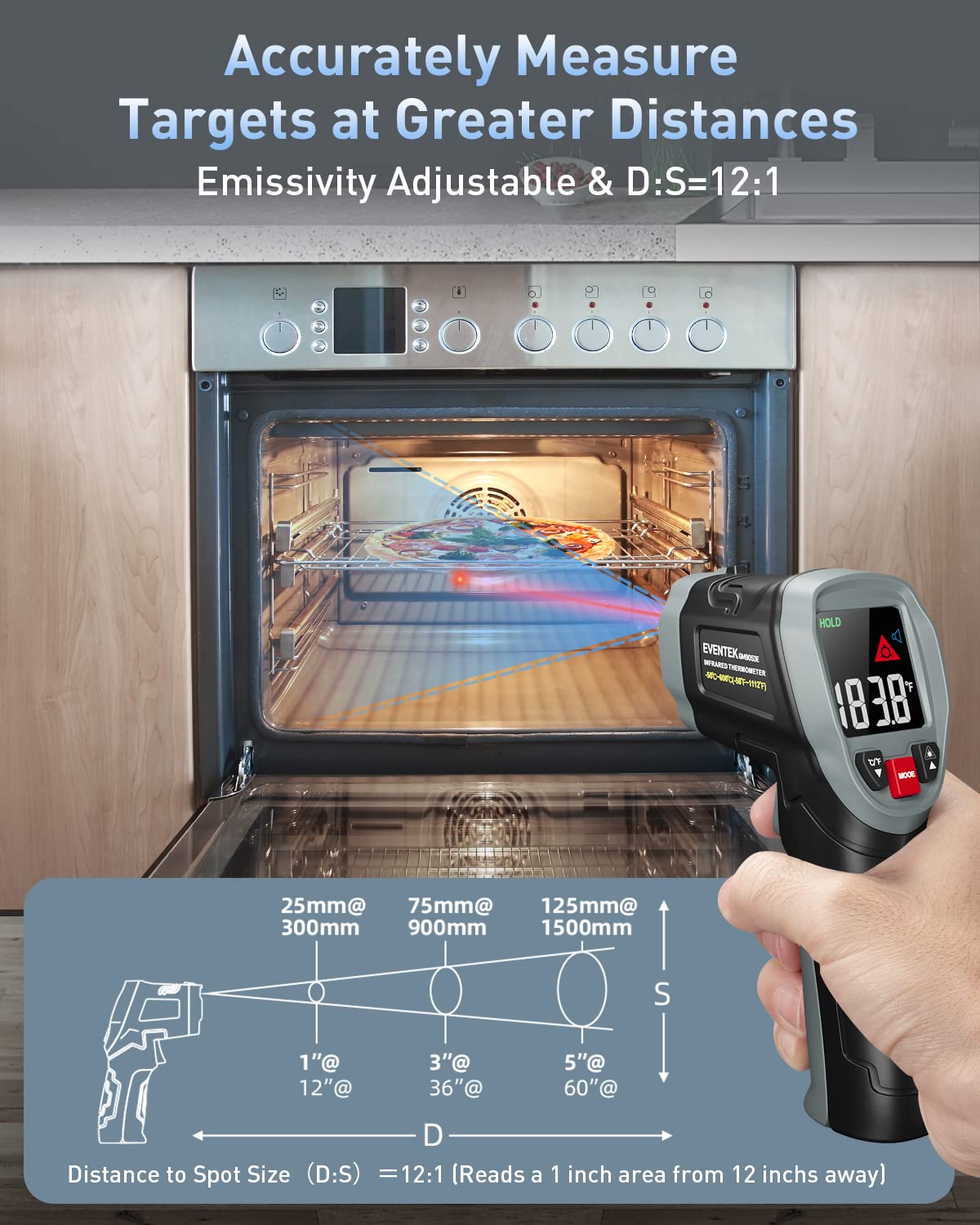 Eventek Digital Infrared Thermometer Gun -58°F to 1112°F (-50°C to 600°C) with Laser Pointer, Adjustable Emissivity - 3-in-1 Non-Contact Temperature Gun for Cooking, Grilling, HVAC, Automotive & Industrial Use - Includes Meat Thermometer & Carrying Bag