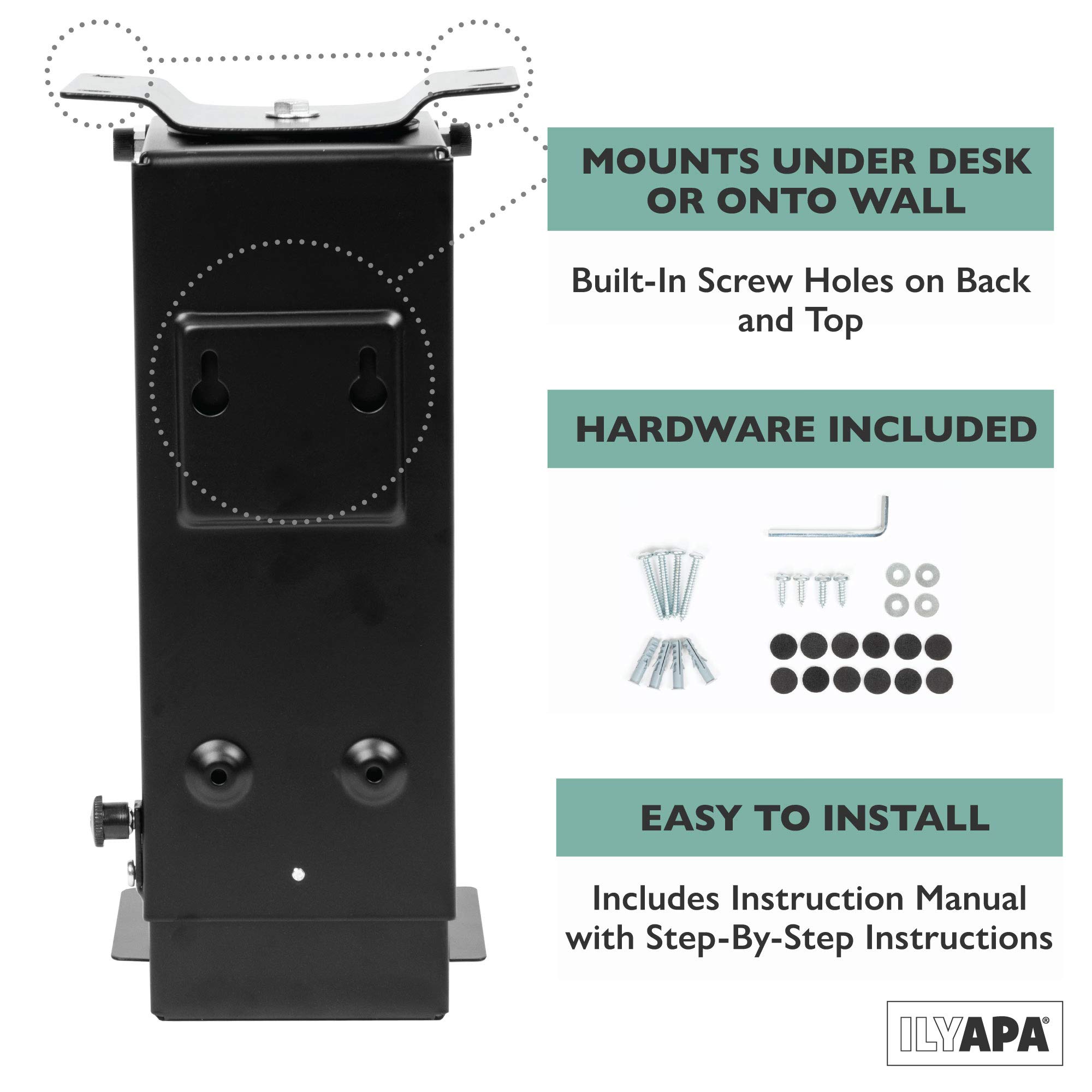 Ilyapa Under Desk CPU Mount with 360° Swivel - Space Saving Computer Tower Holder for PC Desktop - Perfect for Home Office & Gaming Setup