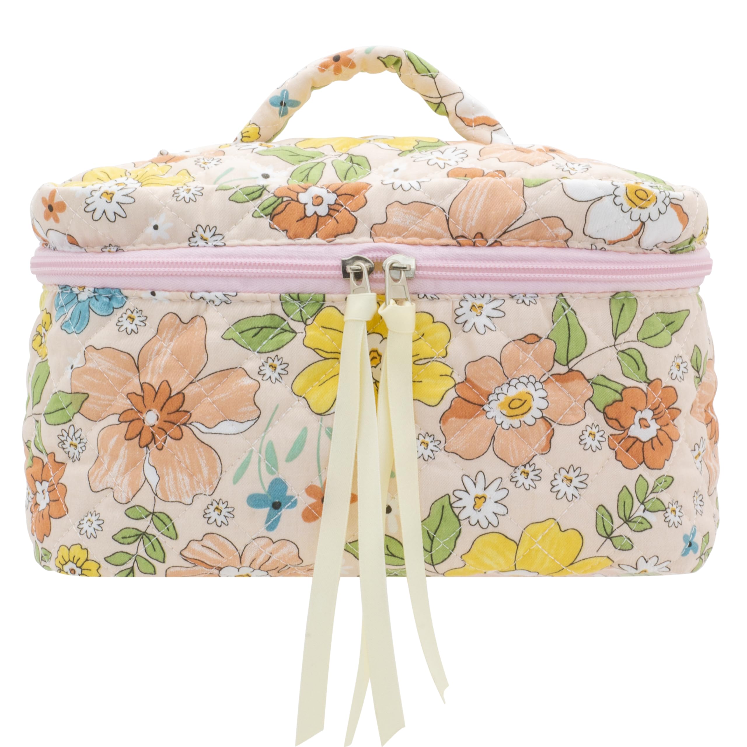 PAZIMIIK Large Quilted Cotton Makeup Bag for Women - Floral Orange Cosmetic Organizer for Travel, Gym & Daily Essentials Storage | Perfect Travel Toiletry Case & Makeup Pouch