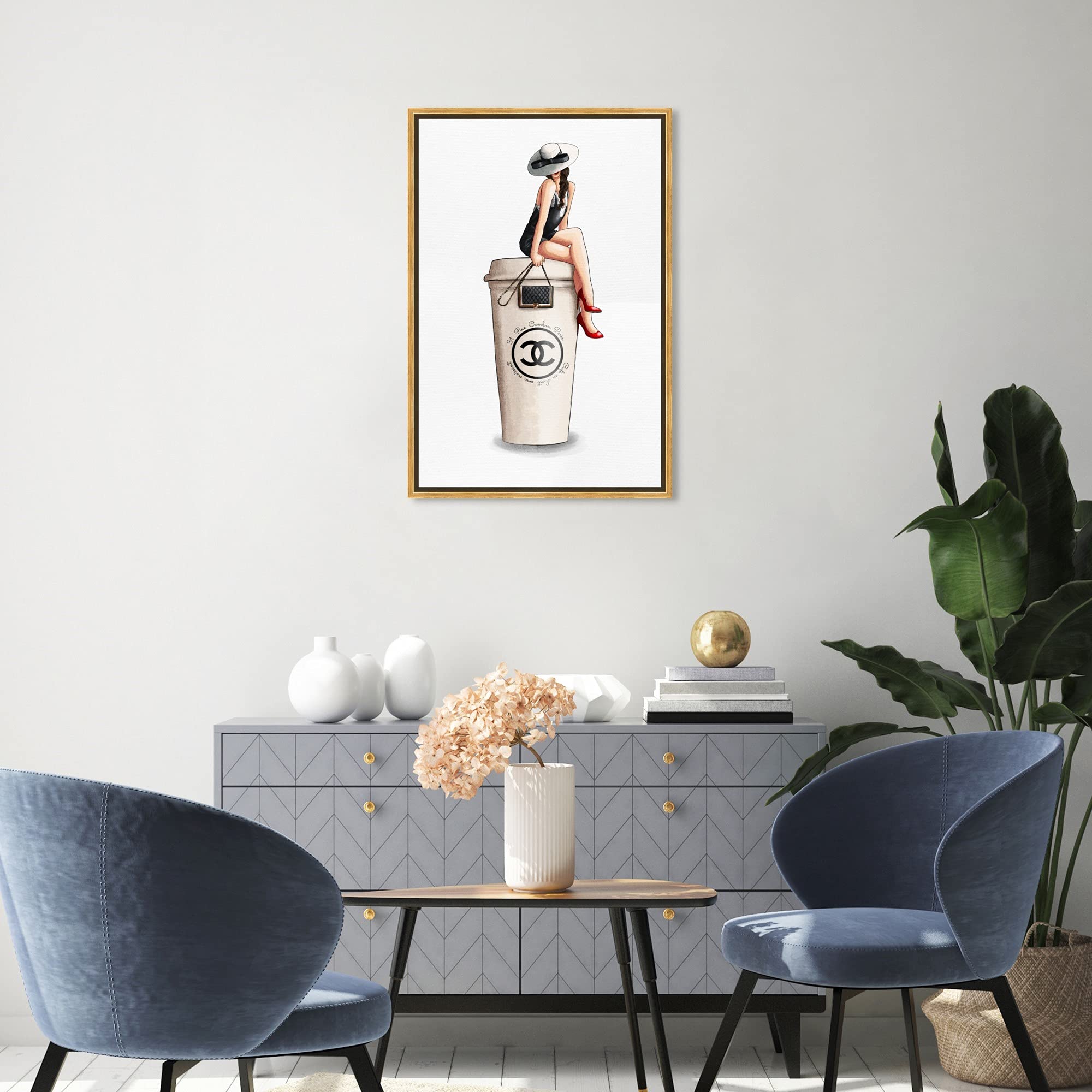 Oliver Gal Artist Co. Fashion & Glam Wall Art Canvas Print - 20x30 Inch Gold Framed Handbag Painting, Cafe Au Lait Cambon Dark Home Decor | Perfect for Living Room, Bedroom & Office Wall Decoration
