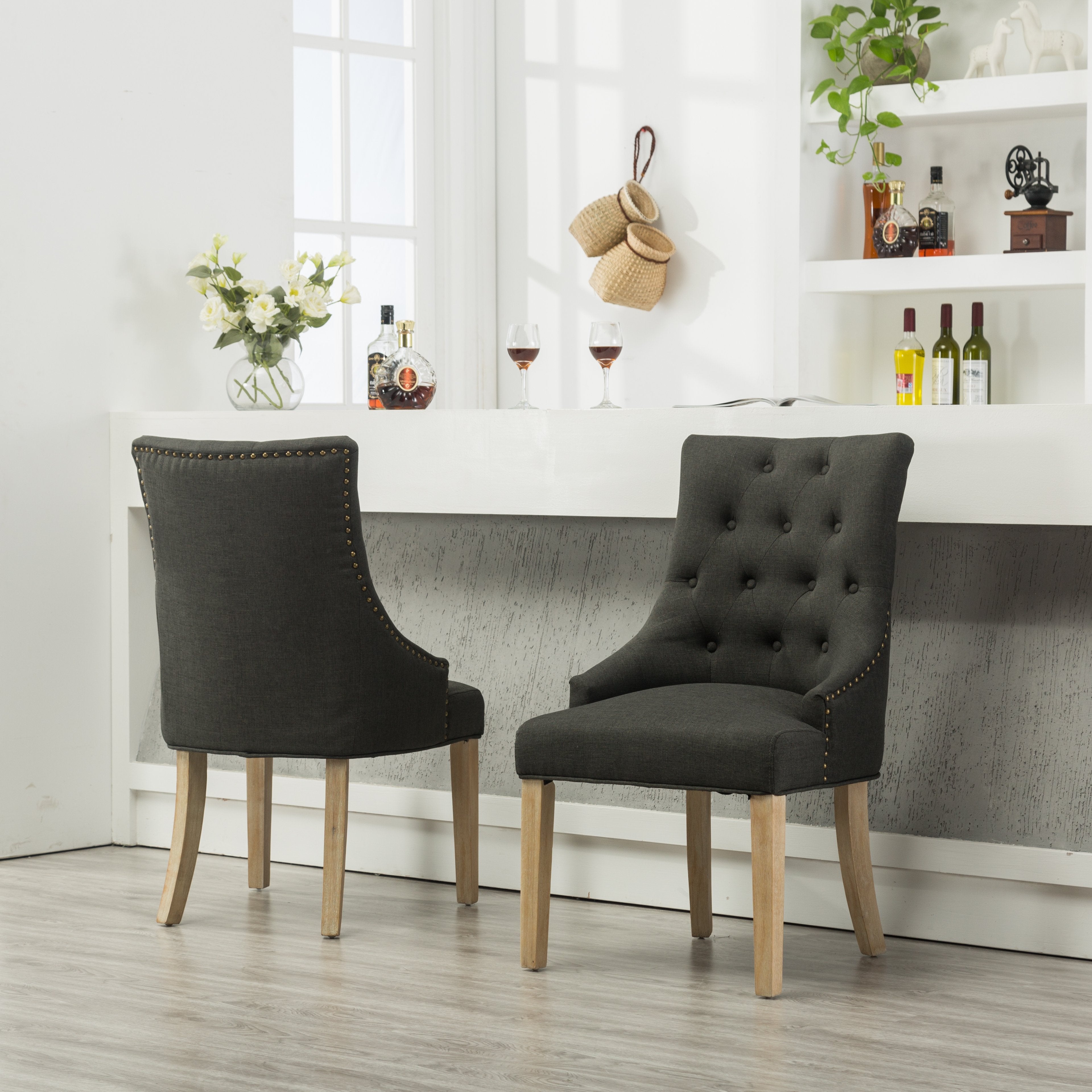 Roundhill Furniture Solid Wood Wingback Chairs with Button Tufted Design and Nail Head Trim - Charcoal Gray Upholstered Dining Chairs Set of 2 for Elegant Dining Room, Living Room or Home Office Decor