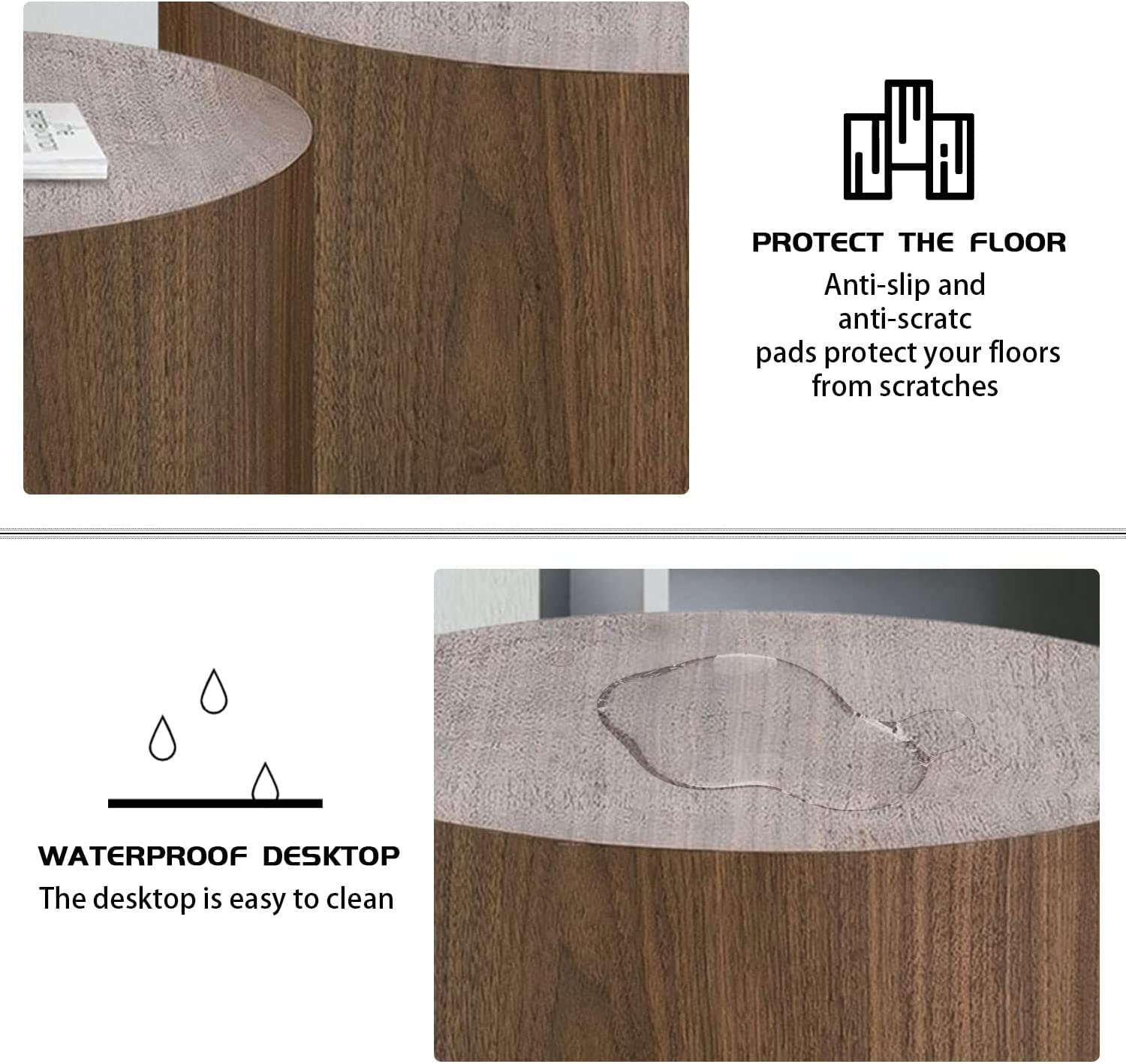 Round Coffee Table Set of 2 - Nesting Wooden Drum Side Tables for Living Room & Office - Walnut Finish, No Assembly Required - Perfect for Small Spaces & Modern Home Decor