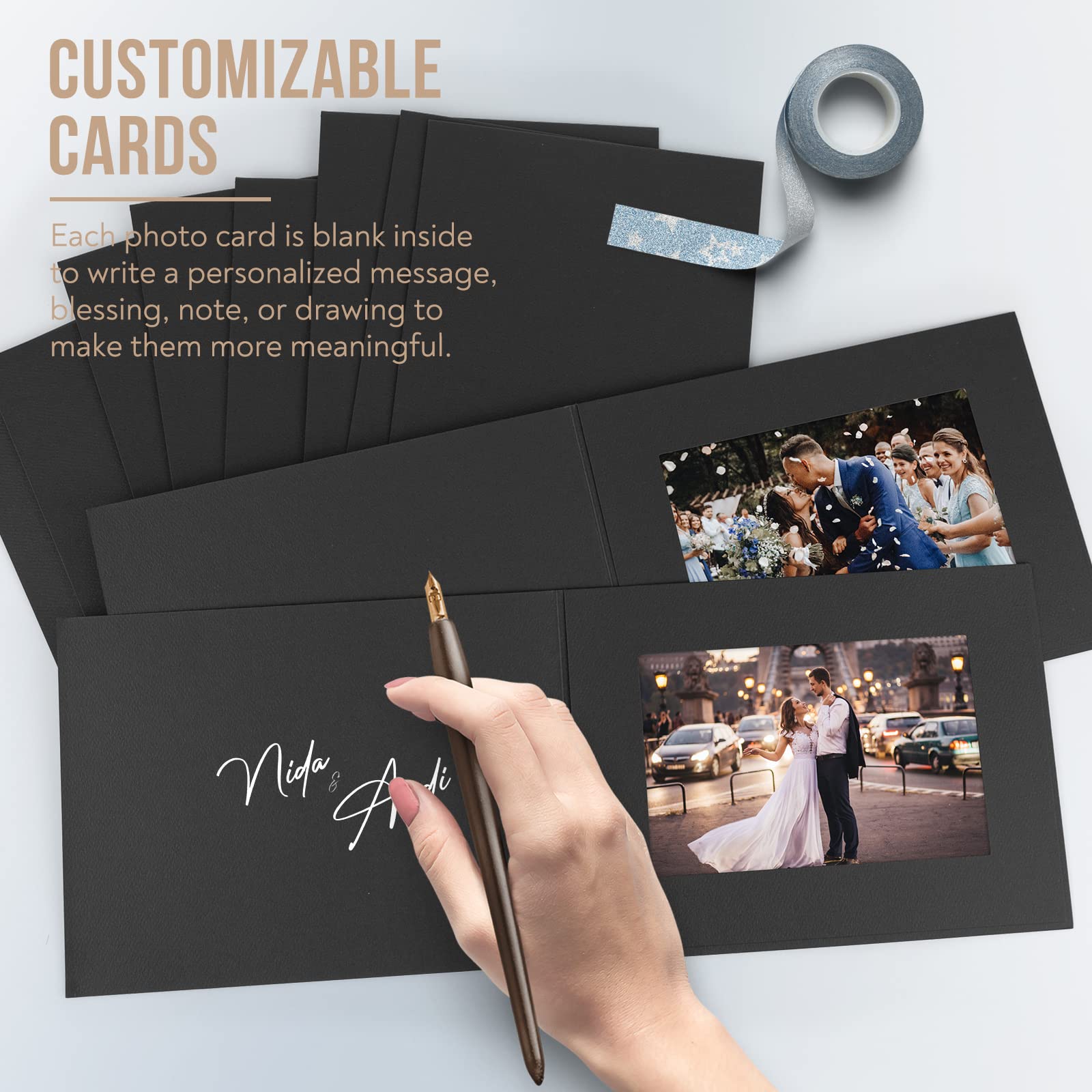 50 Pack 4x6 or 6x4 Black Photo Folders by Golden State Art - Cardboard Picture Frames & Paper Frame Cards for Greetings, Invitations, Graduation, Christmas, Wedding - Perfect for Scrapbooking, Memory Keeping & Party Decorations