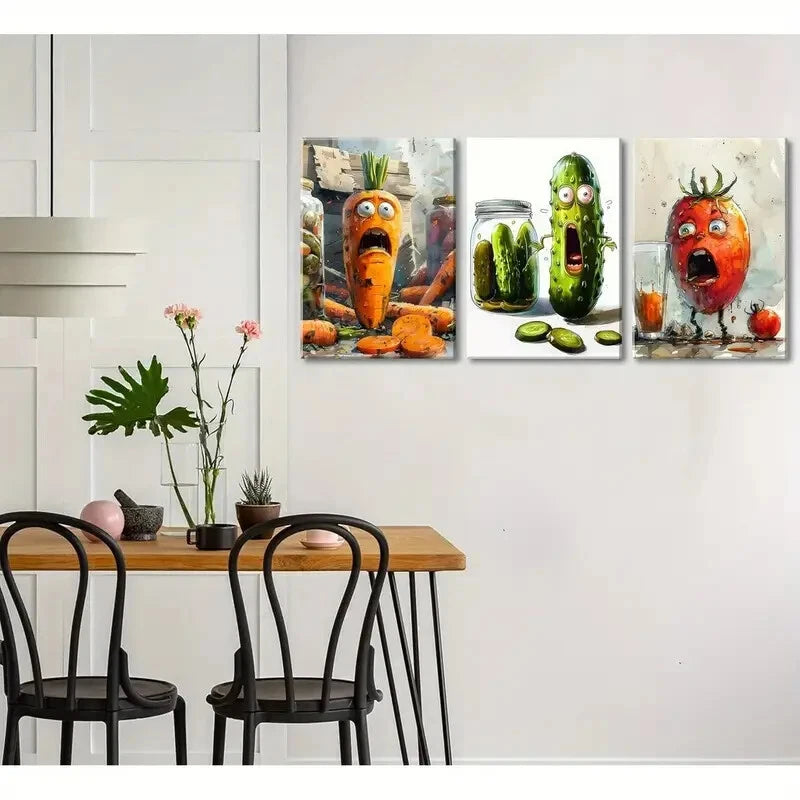 3-Piece Modern Metal Vegetable Food Art Print Set - Ready to Hang Wall Decor for Kitchen, Dining Room & Home Decor