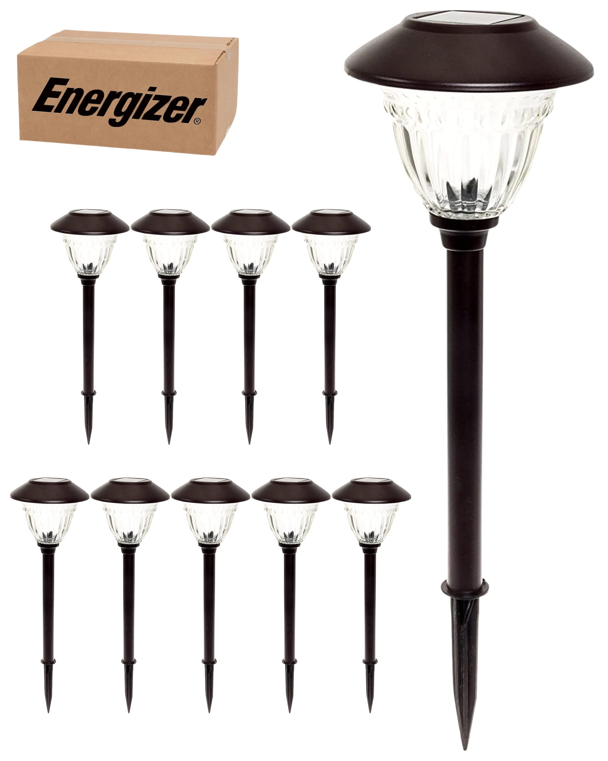 Energizer LED Solar Pathway Lights - 10 Pack Bronze Outdoor Solar Lights - IP65 Waterproof with Auto On/Off - Patterned Glass & Metal Construction - Perfect for Garden, Walkway, and Driveway Lighting