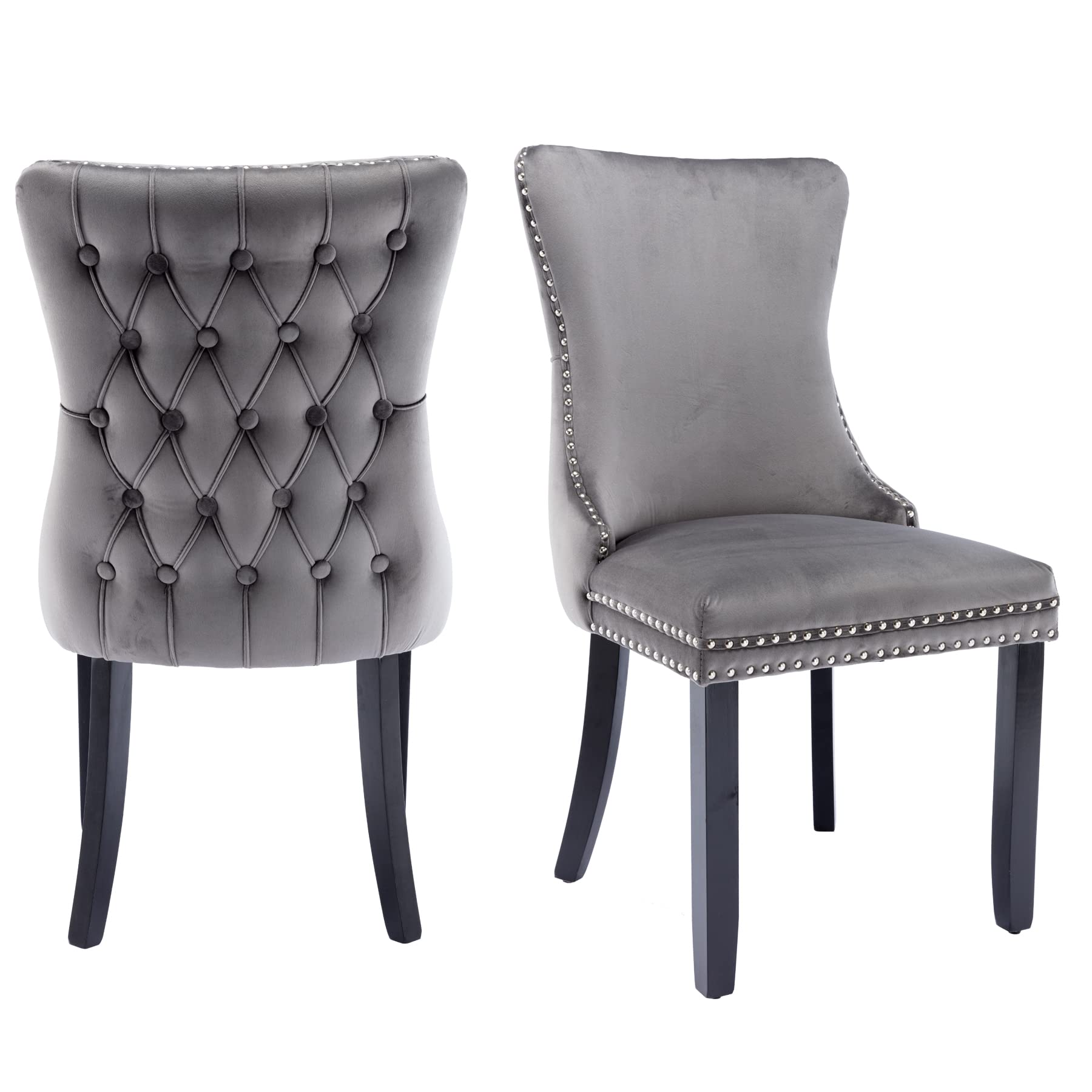 Luxury Velvet Upholstered Dining Chairs Set of 2 - Wingback Kitchen Accent Chairs with Solid Wood Legs, Nailhead Trim & Button Tufted Back - Elegant Grey Dining Room Chairs for Modern Home Decor & Entertaining Guests