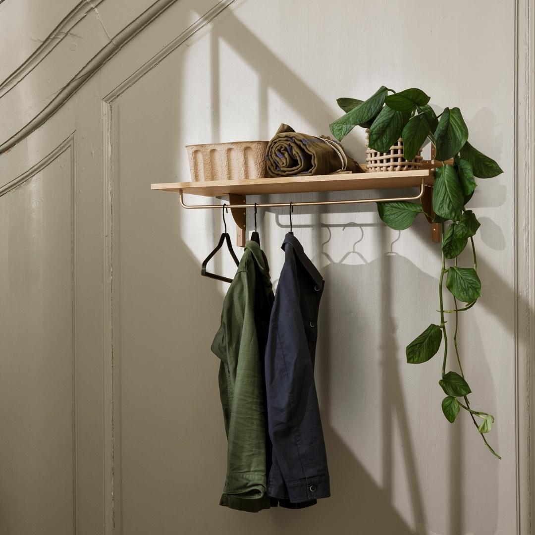 FERM LIVING Sector Rack Shelf - Solid Oak Wood with Brass Accents | Modern Wall Mounted Storage Shelf for Living Room, Bedroom & Office Organization