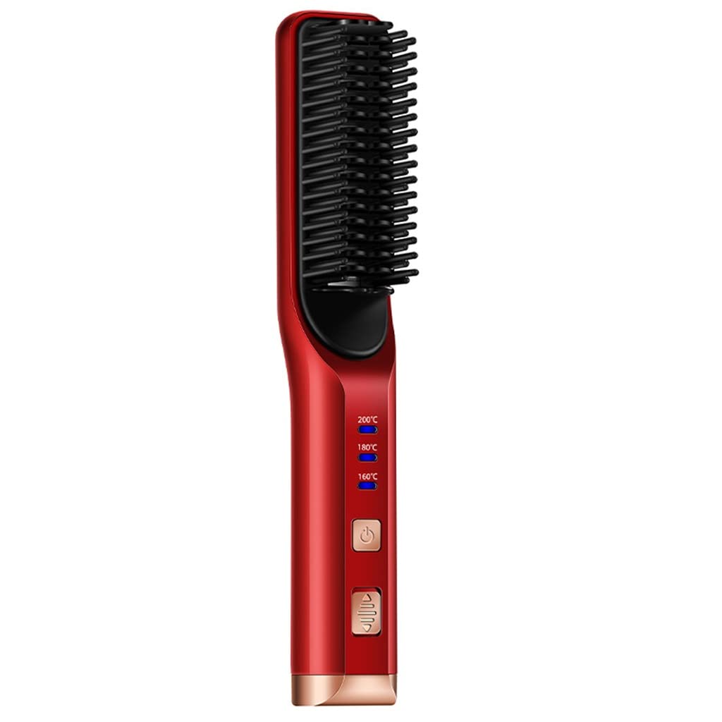 USB Rechargeable Cordless Beard Straightener & Hair Comb Brush - Wireless Anti-Static Quick Heating Styling Tool for Men (Red, One Size) - Perfect for Travel, Home & Salon Use