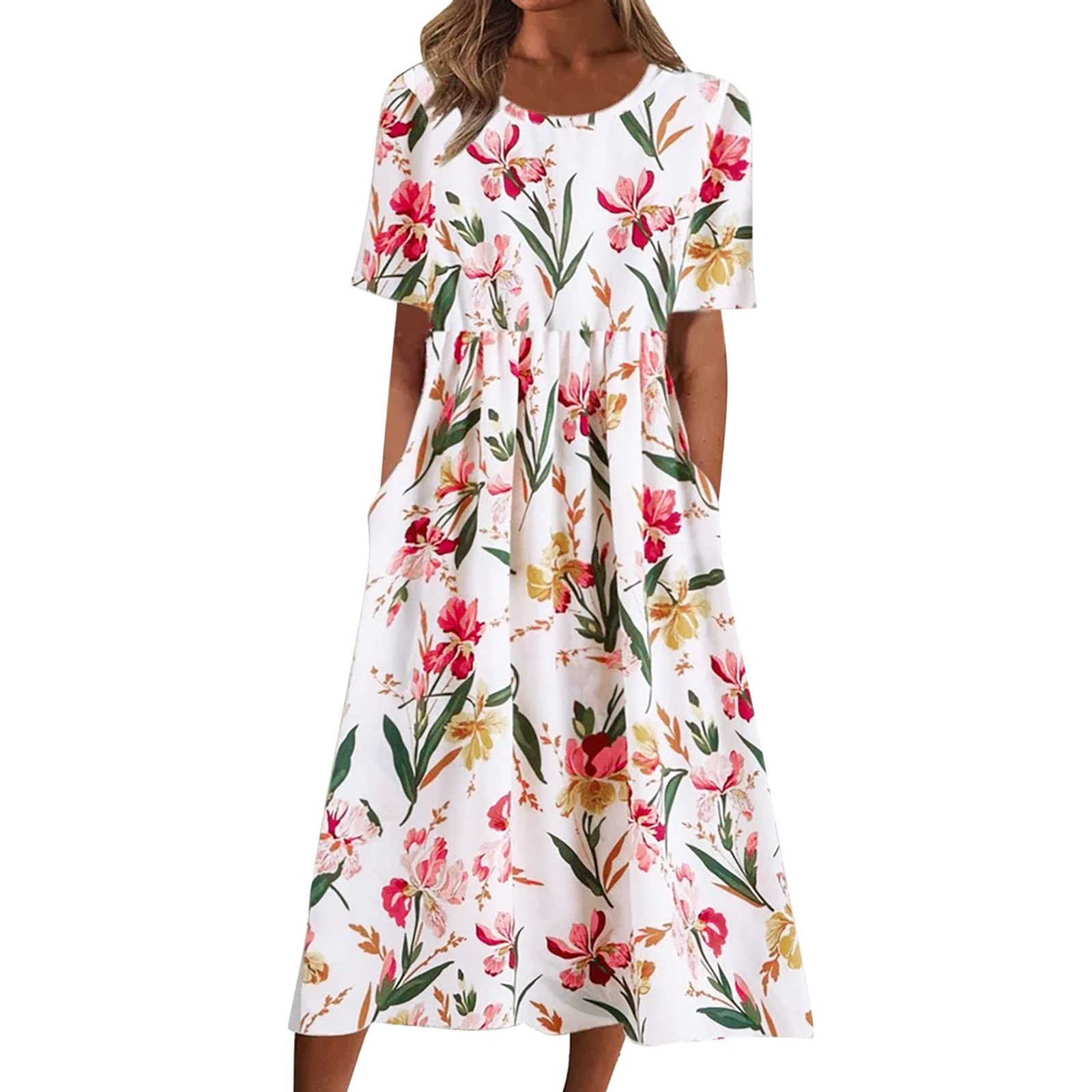 ONHUON Women's Casual Summer Dress - Solid Color & Printed V-Neck Short Sleeve Loose Fit Cocktail Dress | Perfect for Beach, Party & Everyday Wear