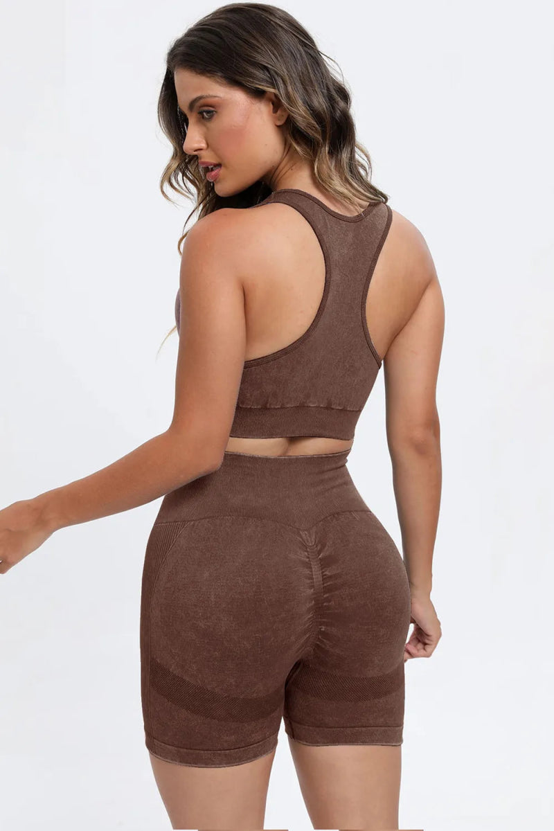 3 Piece Washed Square Neck Wide Strap Active Set for Women - Gym, Yoga & Lounge Wear - Comfortable Workout Outfit for Running & Pilates