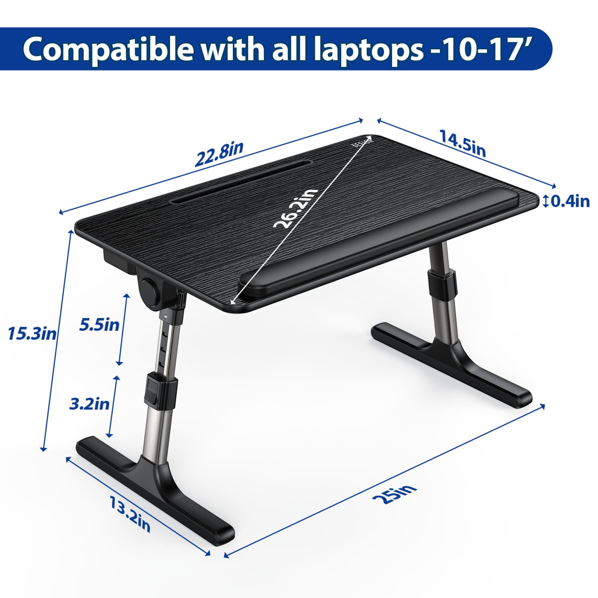 Besign LT07 Extra Large Adjustable Laptop Stand - Portable Foldable Lap Desk for Bed, Sofa & Office Use - Ergonomic Notebook Computer Table for Working, Reading, Writing & Breakfast in Bed (Black)