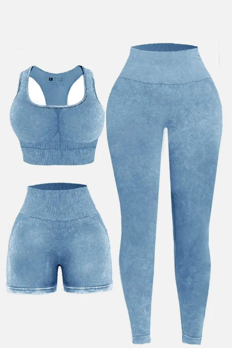 3 Piece Washed Square Neck Wide Strap Active Set for Women - Gym, Yoga & Lounge Wear - Comfortable Workout Outfit for Running & Pilates