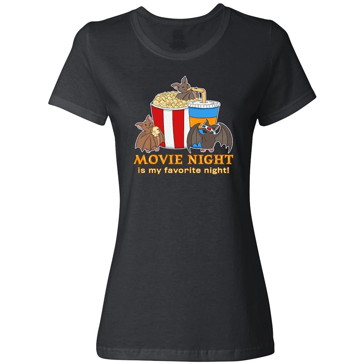 Inktastic Movie Night is My Favorite Night Bats with Popcorn Women's T-Shirt - Comfortable Casual Tee for Movie Lovers & Popcorn Enthusiasts