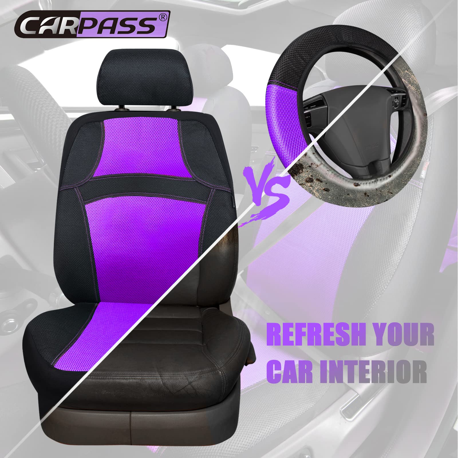 Universal 13PCS 3D Air Mesh Seat Covers Set - Breathable for SUV & Truck - Black/Purple for Women Drivers