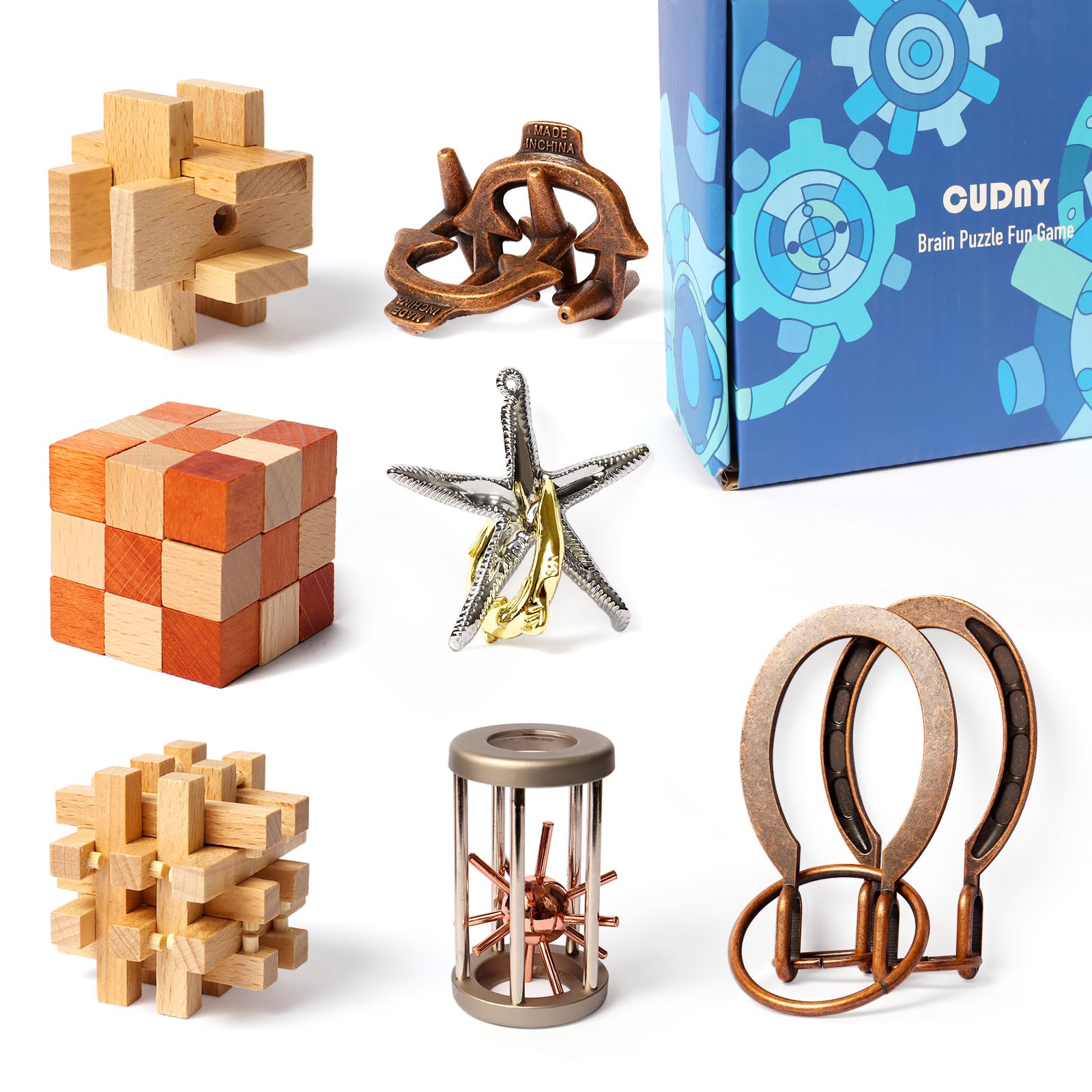 7-Piece Cool Mind Puzzles Set - Wooden & Metal Brain Teaser Games for Adults & Kids - IQ Logic Challenge & Fun Puzzle Box - Perfect for Family Game Night, Office Stress Relief & Educational STEM Toys
