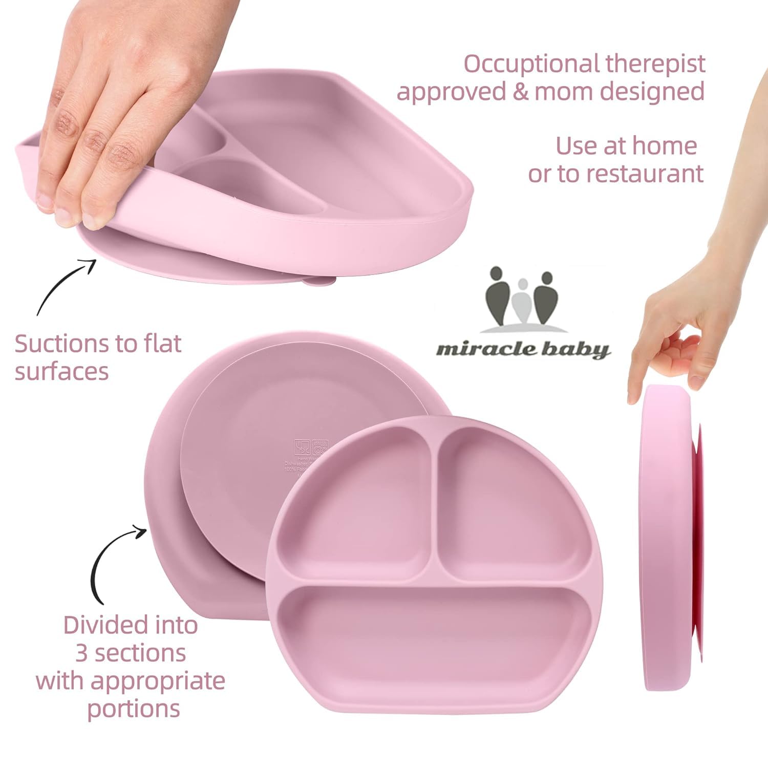 Non-Slip Silicone Baby Plate with Suction Base - Divided Toddler Dish, 100% Food-Grade BPA-Free, Microwave & Dishwasher Safe (Pink) - Perfect for Mess-Free Mealtime, Travel & Daycare Use