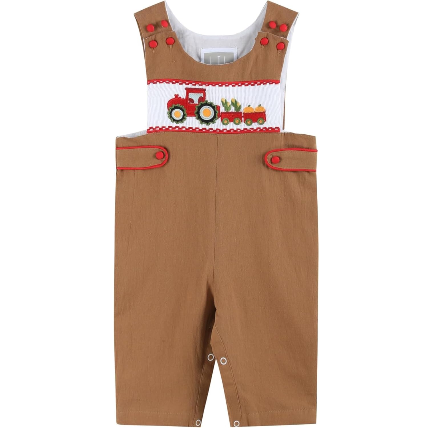 Brown Tractor Harvest Smocked Overalls for Boys & Girls | Farm-Themed Cotton Romper | Perfect for Outdoor Play, Farm Visits & Photo Shoots