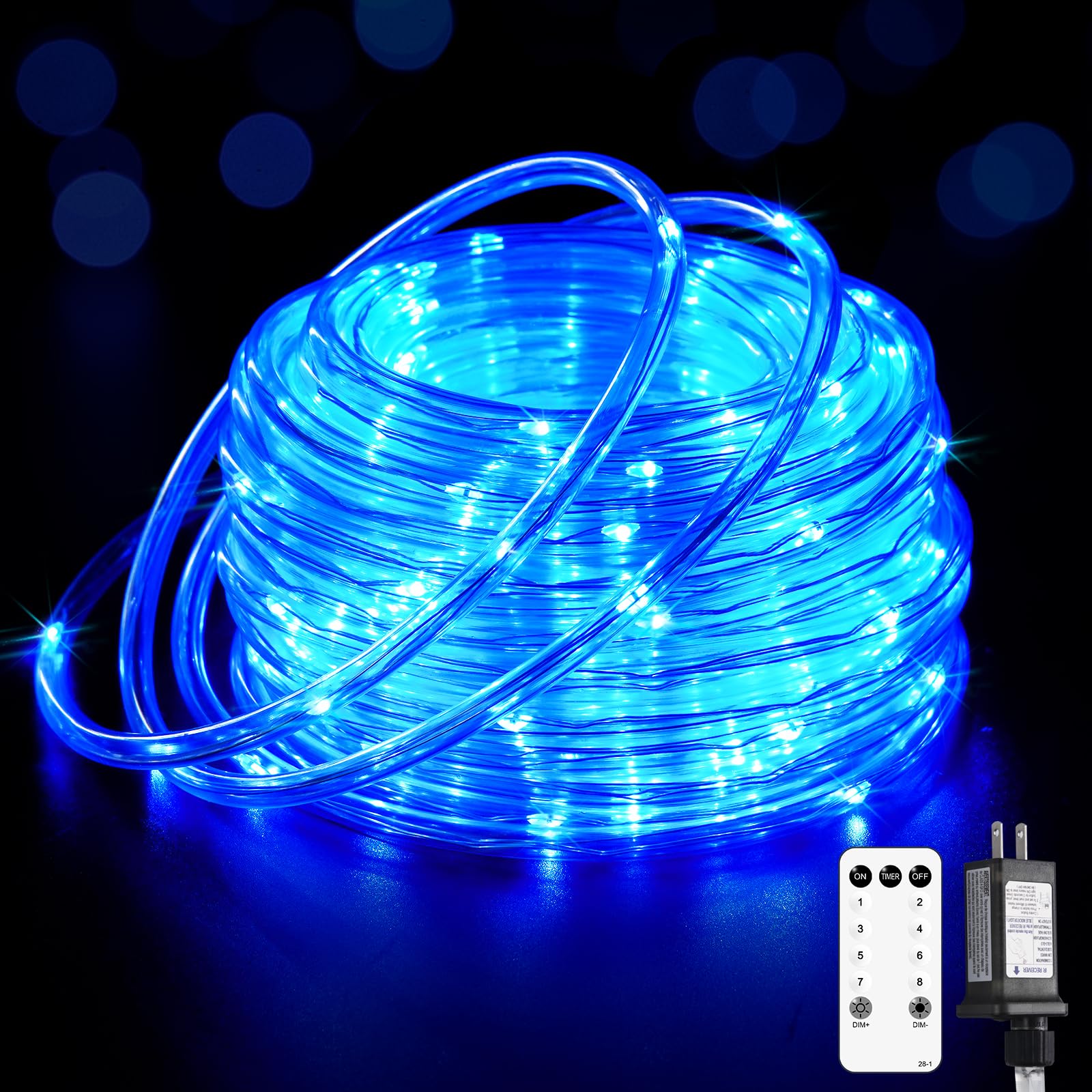 JMEXSUSS 200 LED Blue Rope Lights Plug in - Waterproof Outdoor Christmas String Lights with Remote Control for Holiday Decorations, Christmas Tree, Garden, Patio, and Party Lighting