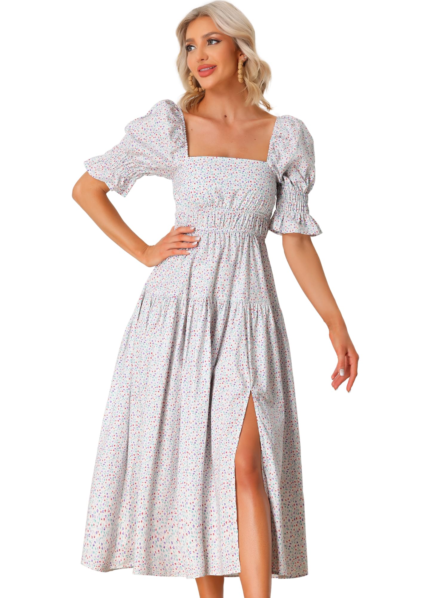 Allegra K Women's Floral Peasant Dress - Square Neck, Short Puff Sleeve, Smocked Waist | Perfect for Summer, Beach, Vacation & Casual Outings