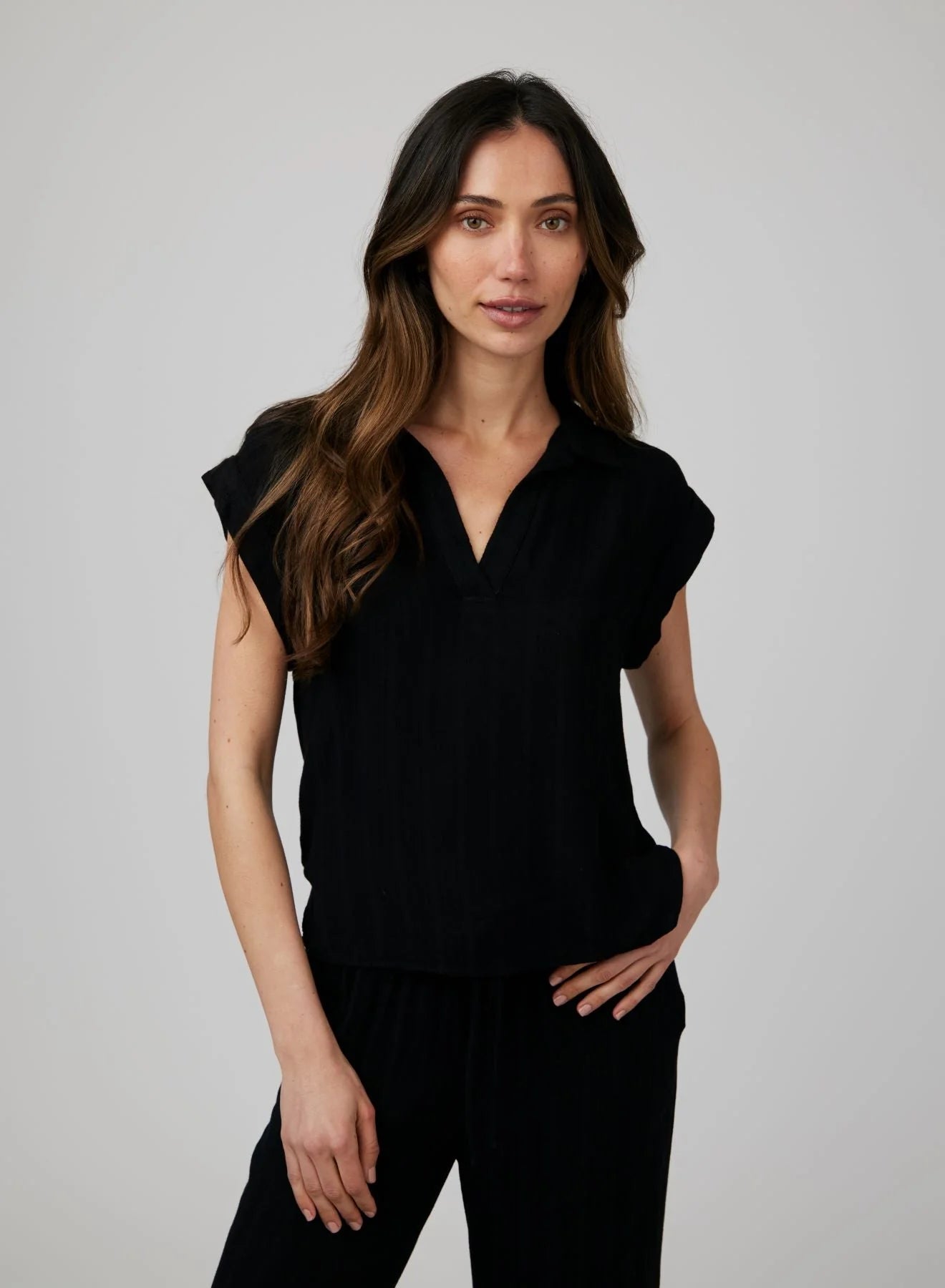Basket Weave Stripe Cap Sleeve Henley Top for Women - Casual Summer T-Shirt for Outdoors, Travel & Everyday Wear