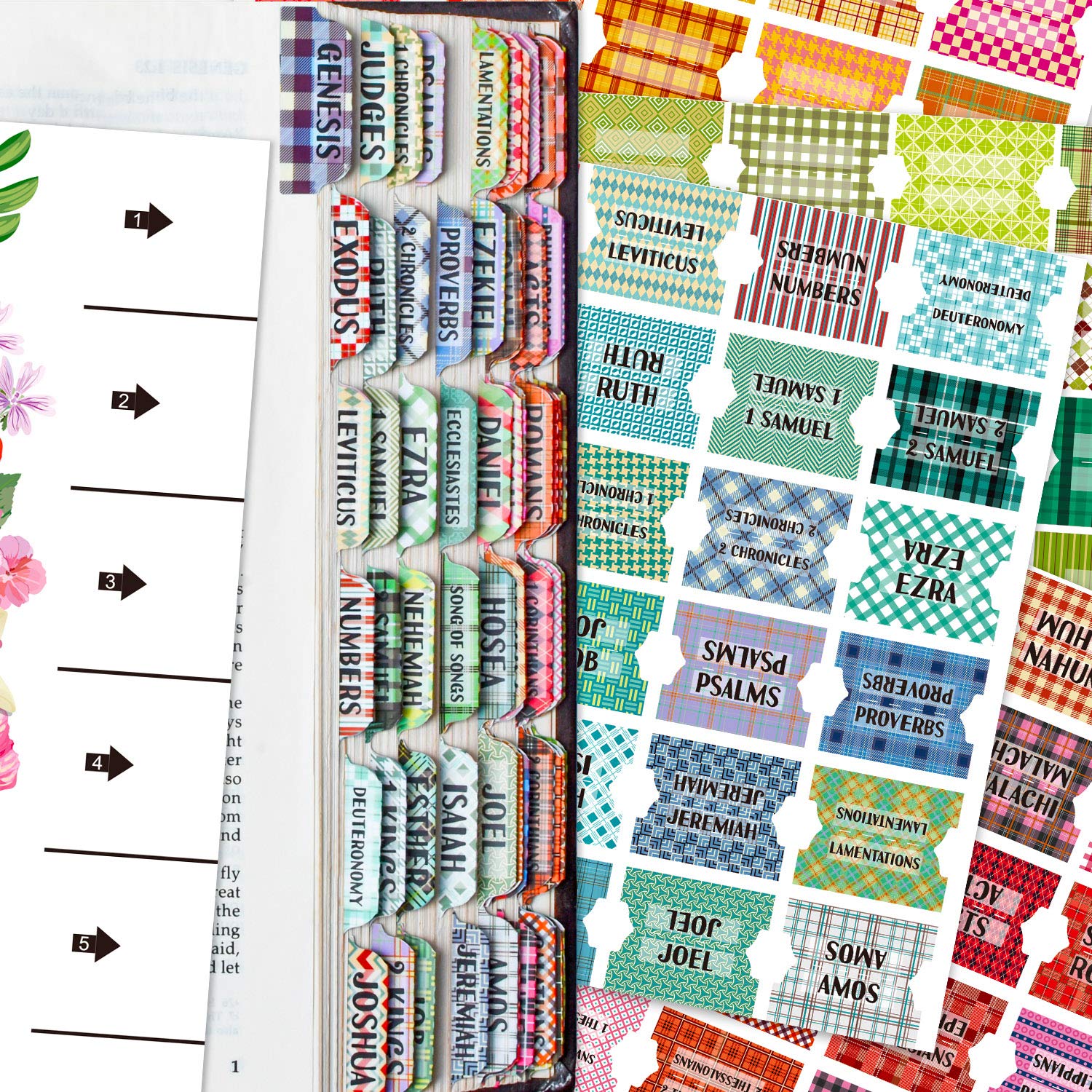 Bible Index Tabs - 122 Pcs Matte Laminated Floral Design Tabs for Old & New Testament, Bible Journaling Supplies (Plaid Pattern) | Perfect for Bible Study, Scripture Organization & Gift Giving