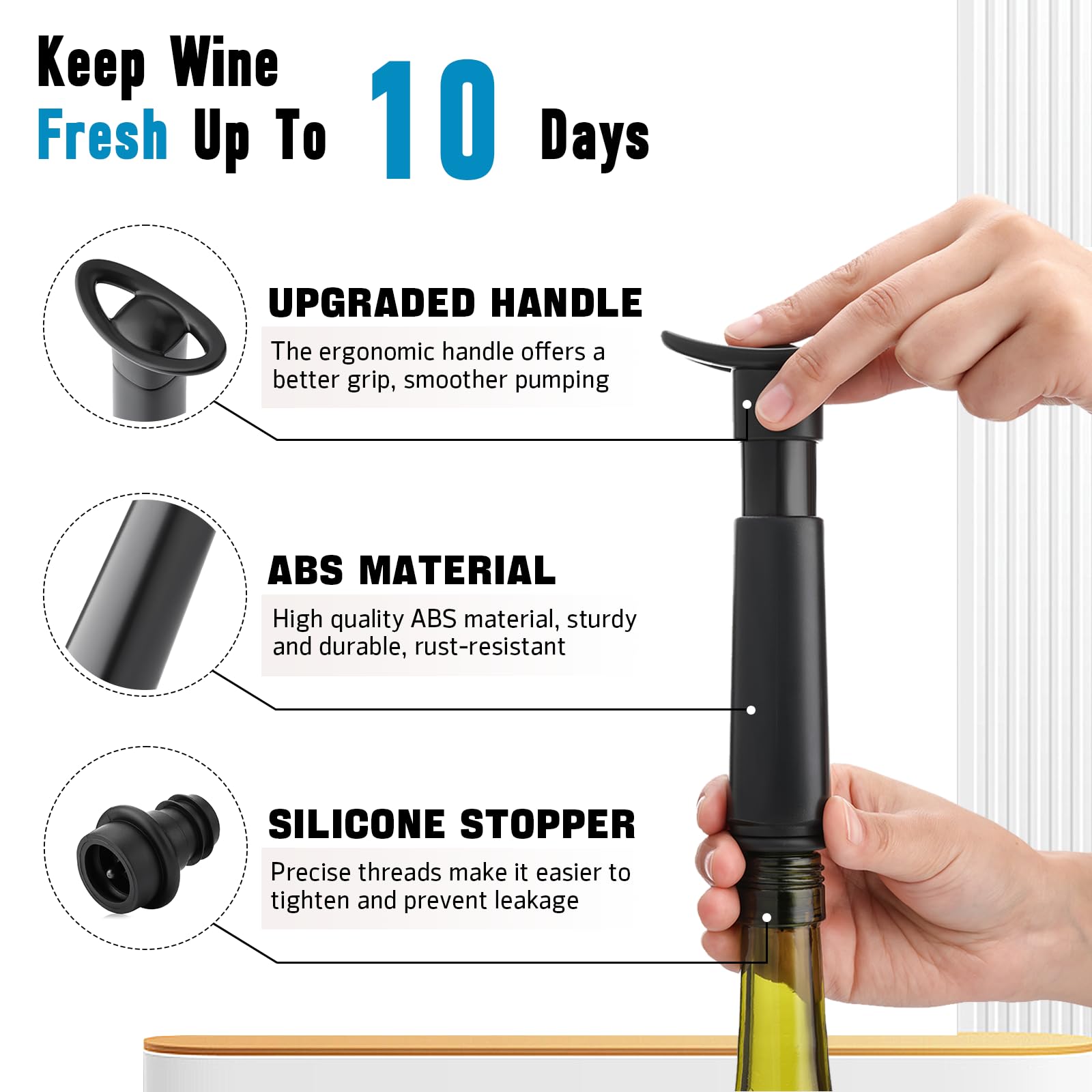 OWO Wine Vacuum Pump with 4 Stoppers - Premium Wine Saver & Preserver Kit | Reusable Air Remover Pump for Fresh Wine Preservation | Perfect for Home Bars, Restaurants & Wine Enthusiasts