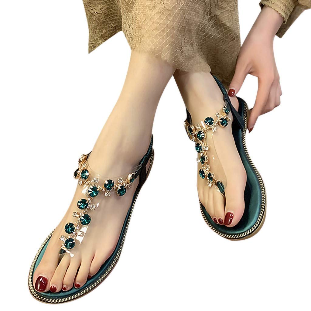 Stylish Women's Rhinestone T-Strap Flat Sandals - Comfortable Roman Thong Open Toe Dressy Sandals for Casual Outings, Beach & Summer Parties