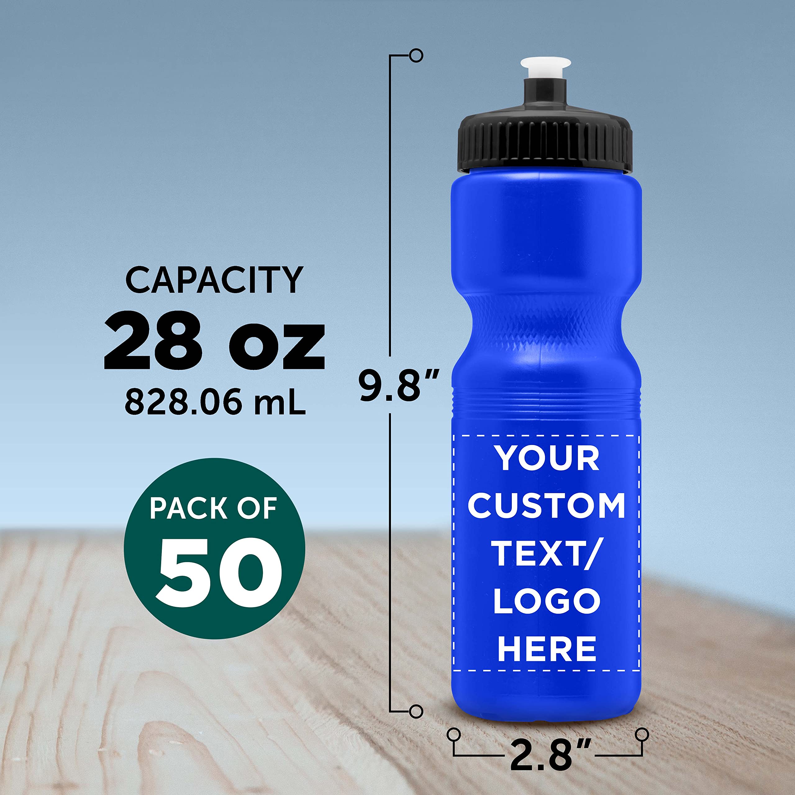 28 oz. Custom Push Cap Plastic Water Bottles - Bulk Pack of 50 - Personalized Water Bottles for Gym, Hiking, Camping & Outdoor Sports - Reflex Blue - Ideal for Team Events, Corporate Gifts & Promotional Giveaways