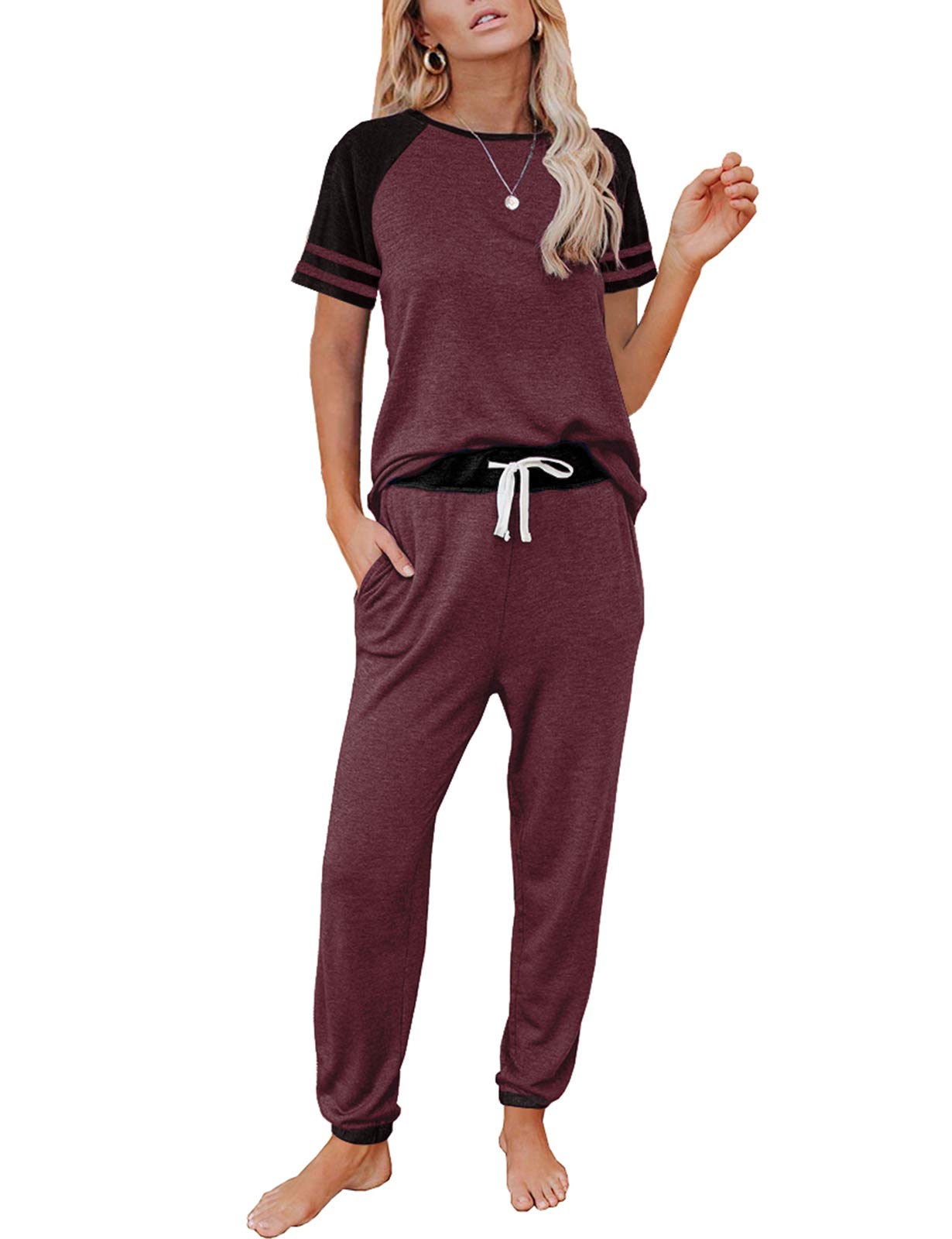Women's 2-Piece Lounge Set - Short Sleeve Jogger Pajama Outfit | Home & Travel Wear