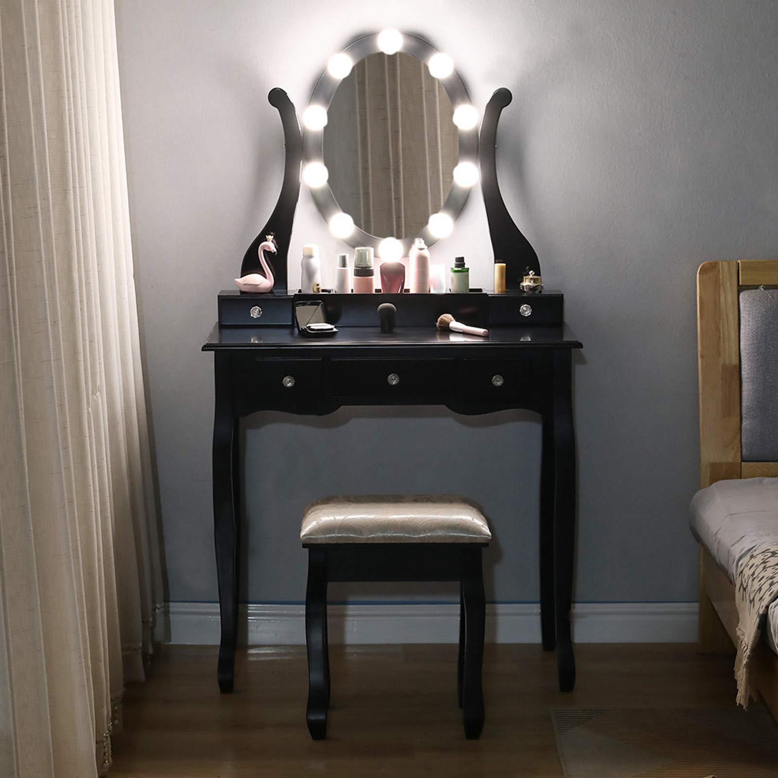 Uublik Vanity Table Set with LED Lighted Mirror - 10 Dimmable Lights, 5 Drawers & Removable Organizer - Makeup Dressing Table with Cushioned Stool - Perfect Gift for Women & Girls - Ideal for Bedroom, Dorm Room & Beauty Salon