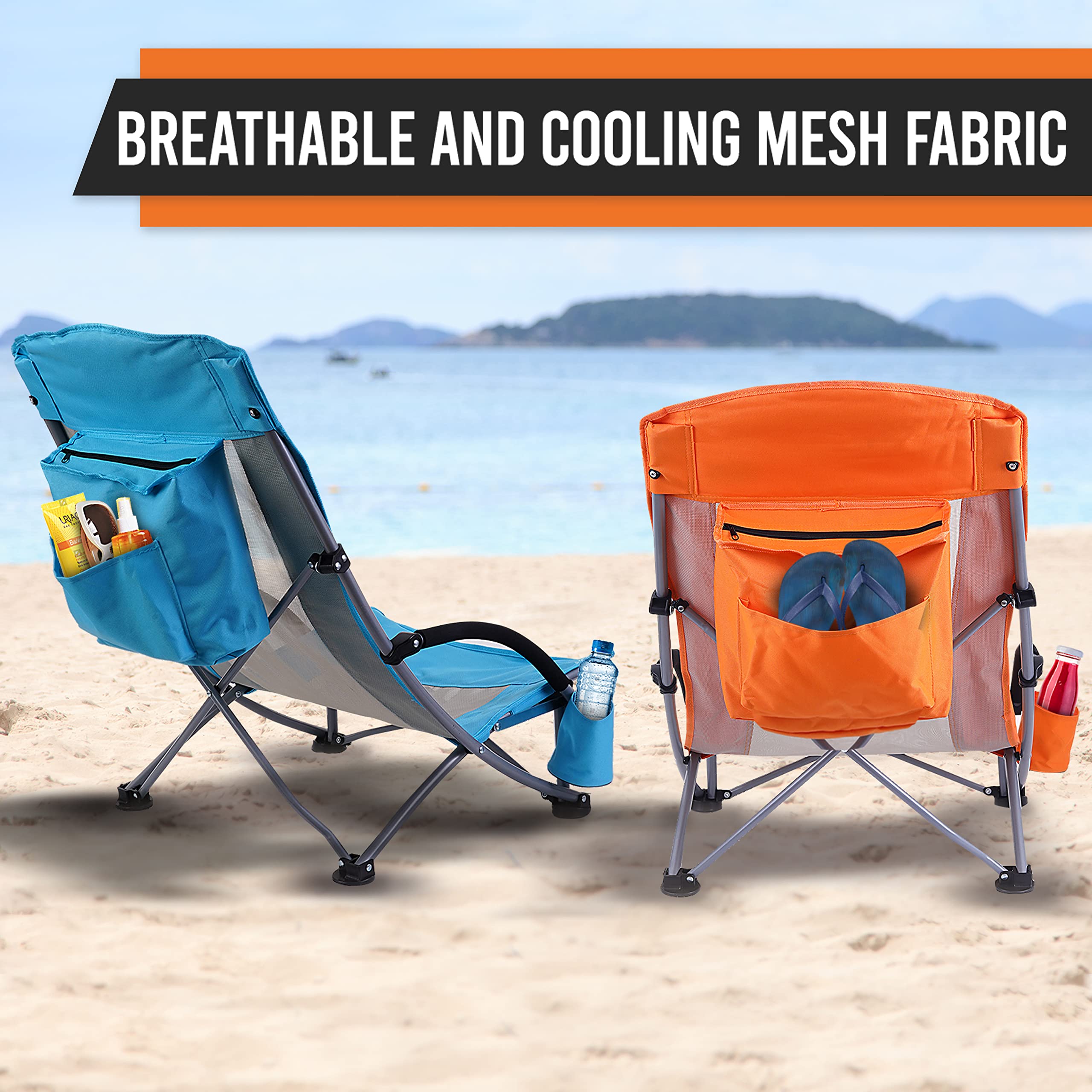 Premium 2-Pack High Back Beach Chairs for Adults with Cooler, Cup Holder & Carry Bag - Heavy Duty Compact Folding Chairs for Outdoor, Camping, BBQ, Travel, Picnic, Festival - Perfect for Beach Vacations, Backyard Relaxing & Summer Adventures (Blue)