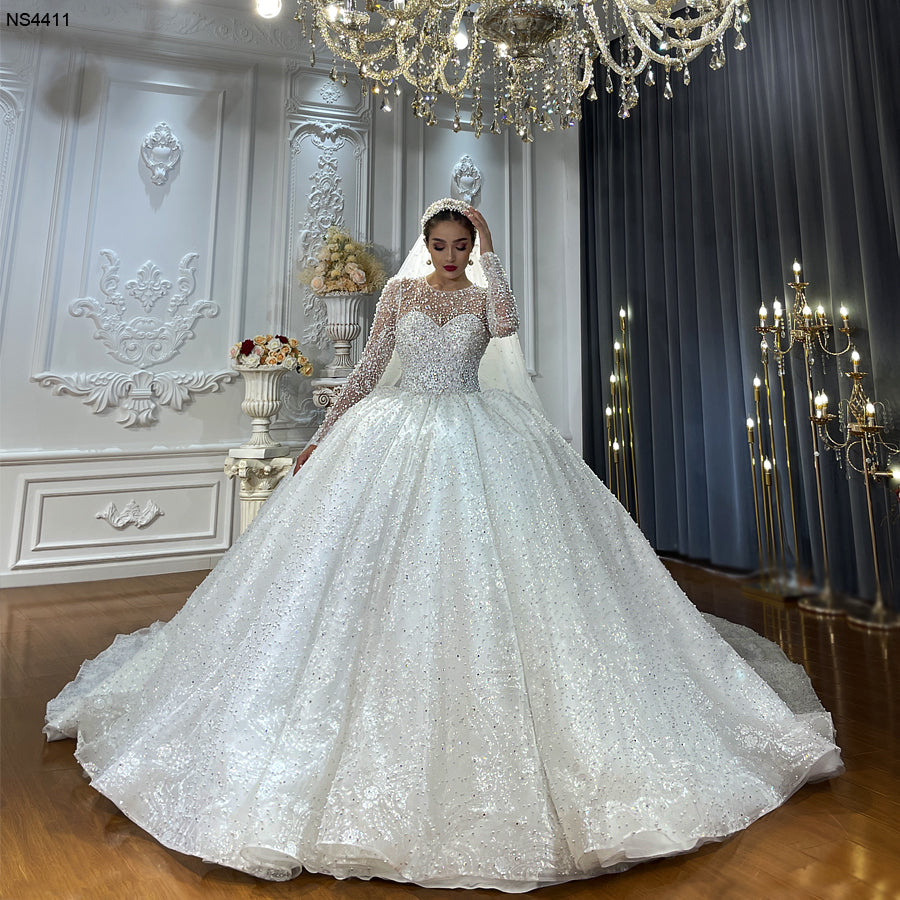 Elegant Long Sleeve Ball Gown Wedding Dress with Pearl Embellishments - Perfect for Bridal, Formal Events & Special Occasions