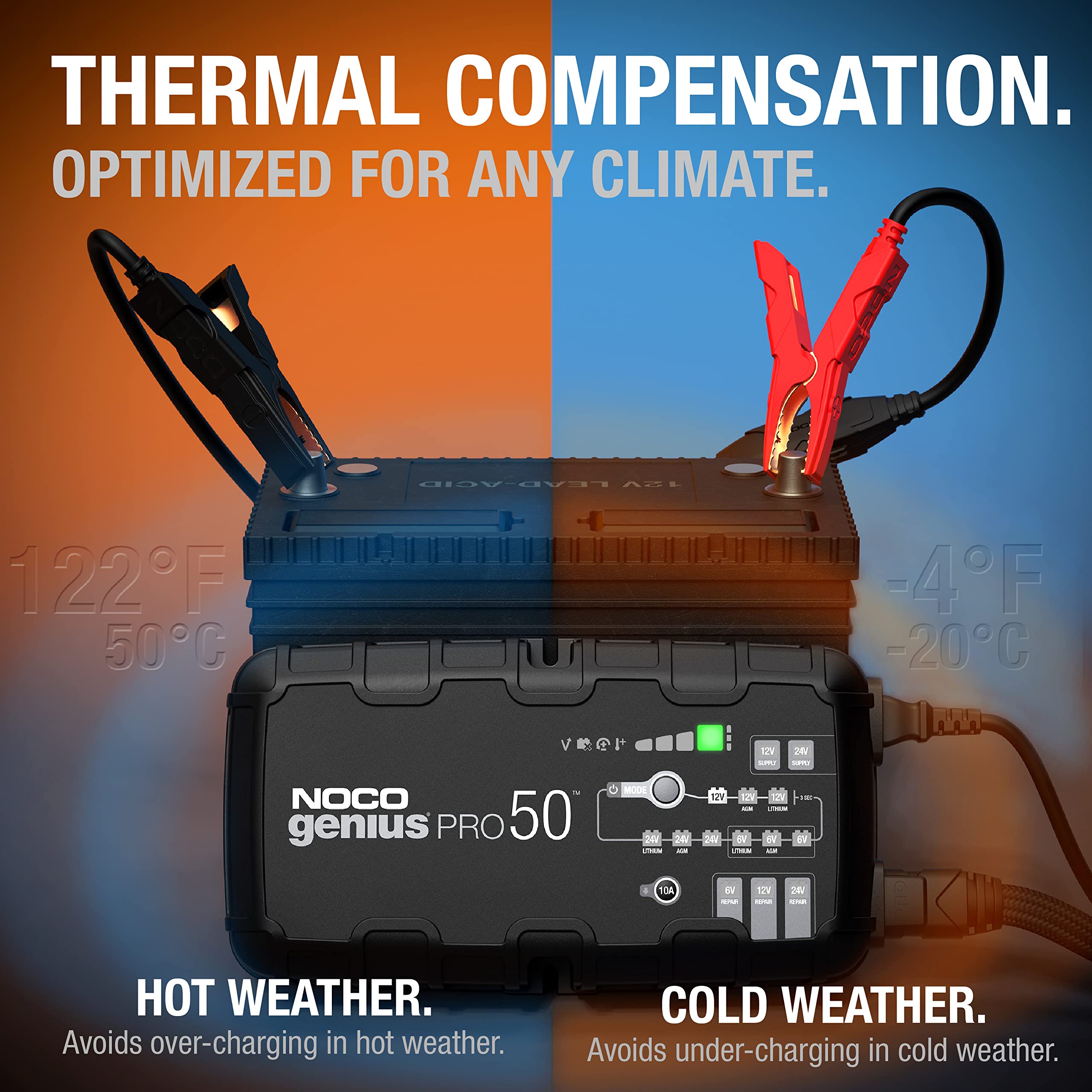 NOCO GENIUSPRO50 50A Smart Car Battery Charger - 6V/12V/24V Portable Automotive Charger, Battery Maintainer & Desulfator for AGM, Lithium, Marine & Deep Cycle Batteries - Perfect for Cars, Boats, RVs & Seasonal Vehicle Storage