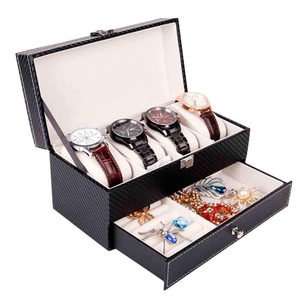 Luxury Carbon Fiber Watch Box with 4 Slots - Premium Watch Display Case & Jewelry Organizer for Men & Women - Perfect for Watch Collection Storage, Travel, and Gift Giving - Roscloud