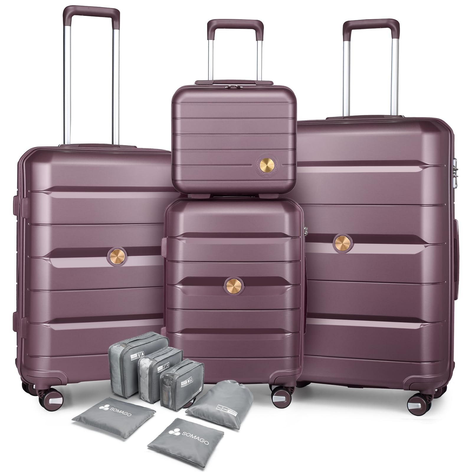 Somago Lightweight Hardside Polypropylene Luggage Set with Packing Cubes - 4-Piece Spinner Suitcase with Double Wheels & TSA Lock (Elegant Purple) - Perfect for Business Travel, Vacations & International Trips