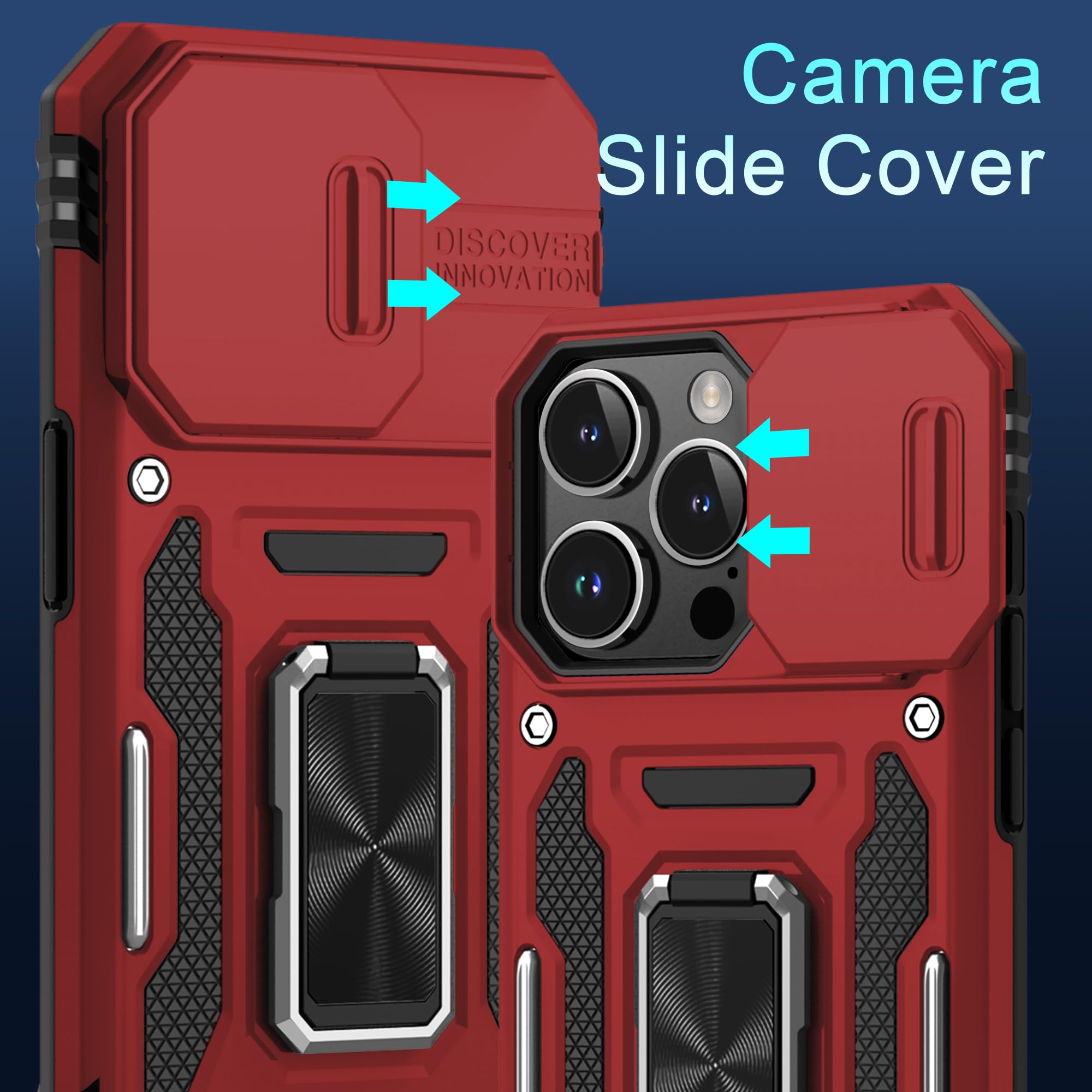 DEERLAMN iPhone 15 Pro Case with Slide Camera Cover & Screen Protector (6.1 Inch) - Military Grade Shockproof Protective Cover with Rotating Ring Kickstand - Red | Perfect for Outdoor Activities, Travel & Daily Protection