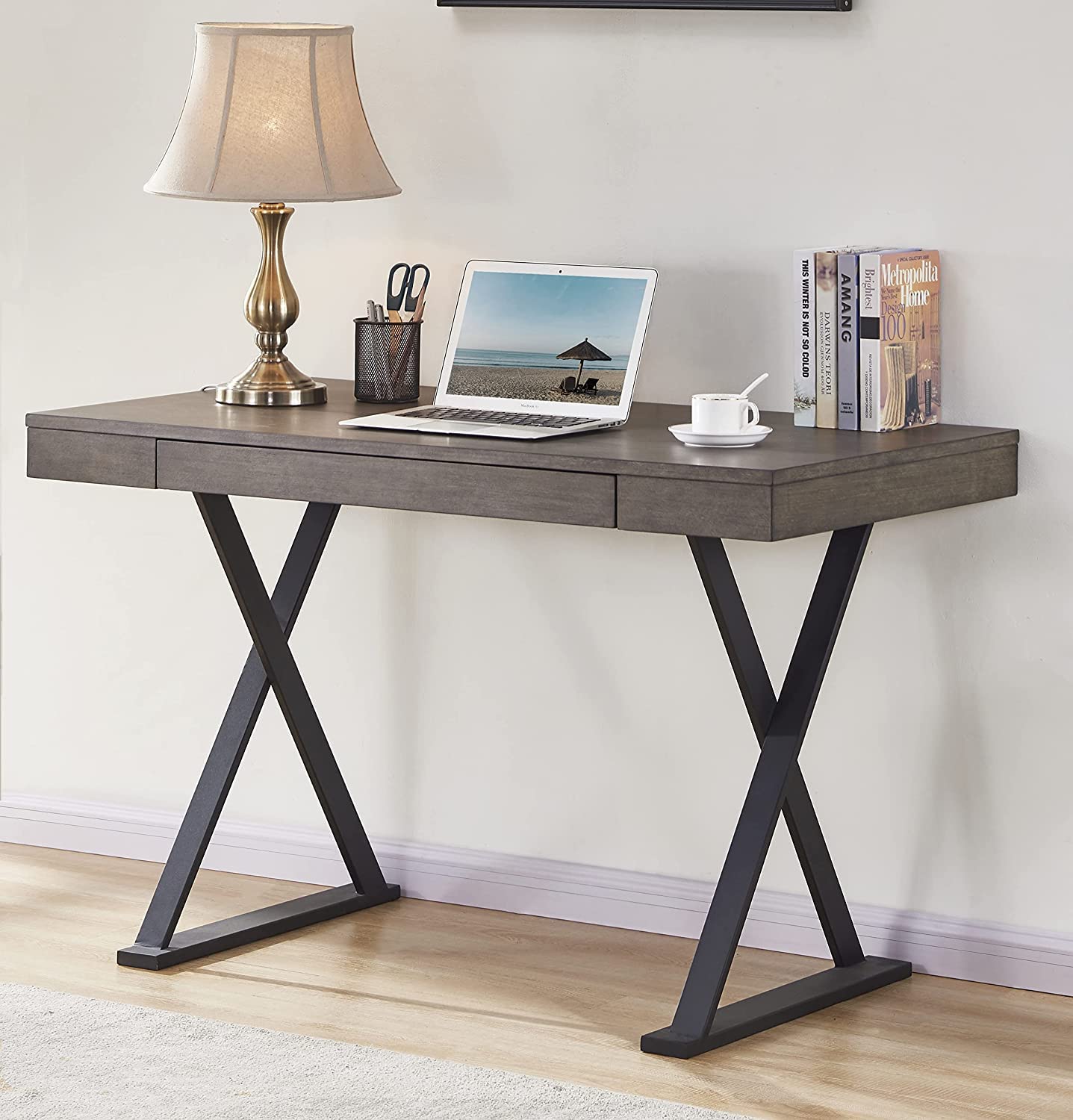 Audrey Living 48 Inch Wood Top Writing Computer Desk with Drawer - Glossy Laptop Work Study Table & Vanity Desk with Sturdy Metal Legs for Home Office, Study Room, Bedroom (Gray) | Perfect for Remote Work, Online Classes & Small Space Home Offices