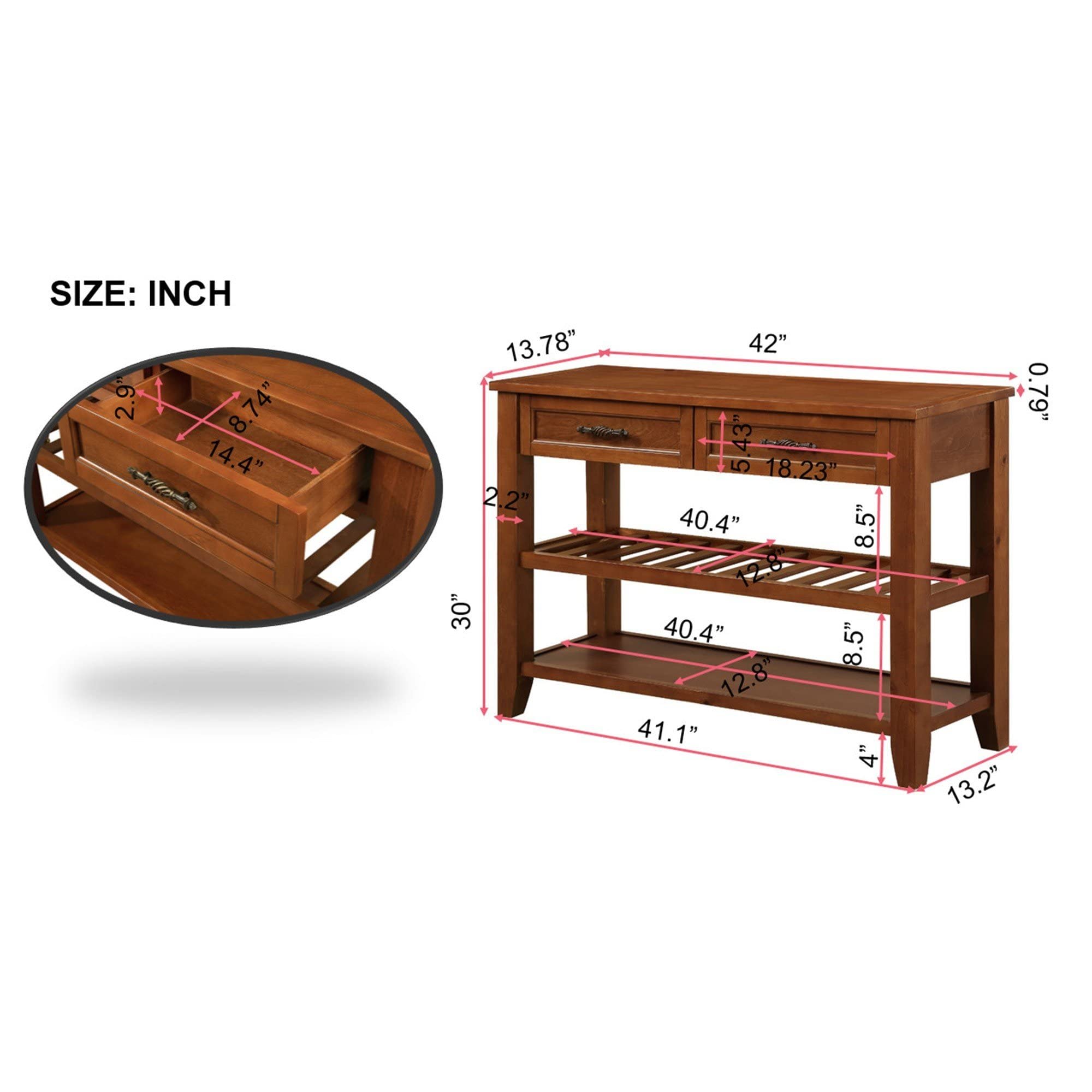 Knocbel Entryway Console Table with 2 Storage Drawers & 2 Shelves - Hallway Sofa Table for Foyer, Living Room, Bedroom - Easy Assembly Brown Wooden Furniture for Home Decor & Organization