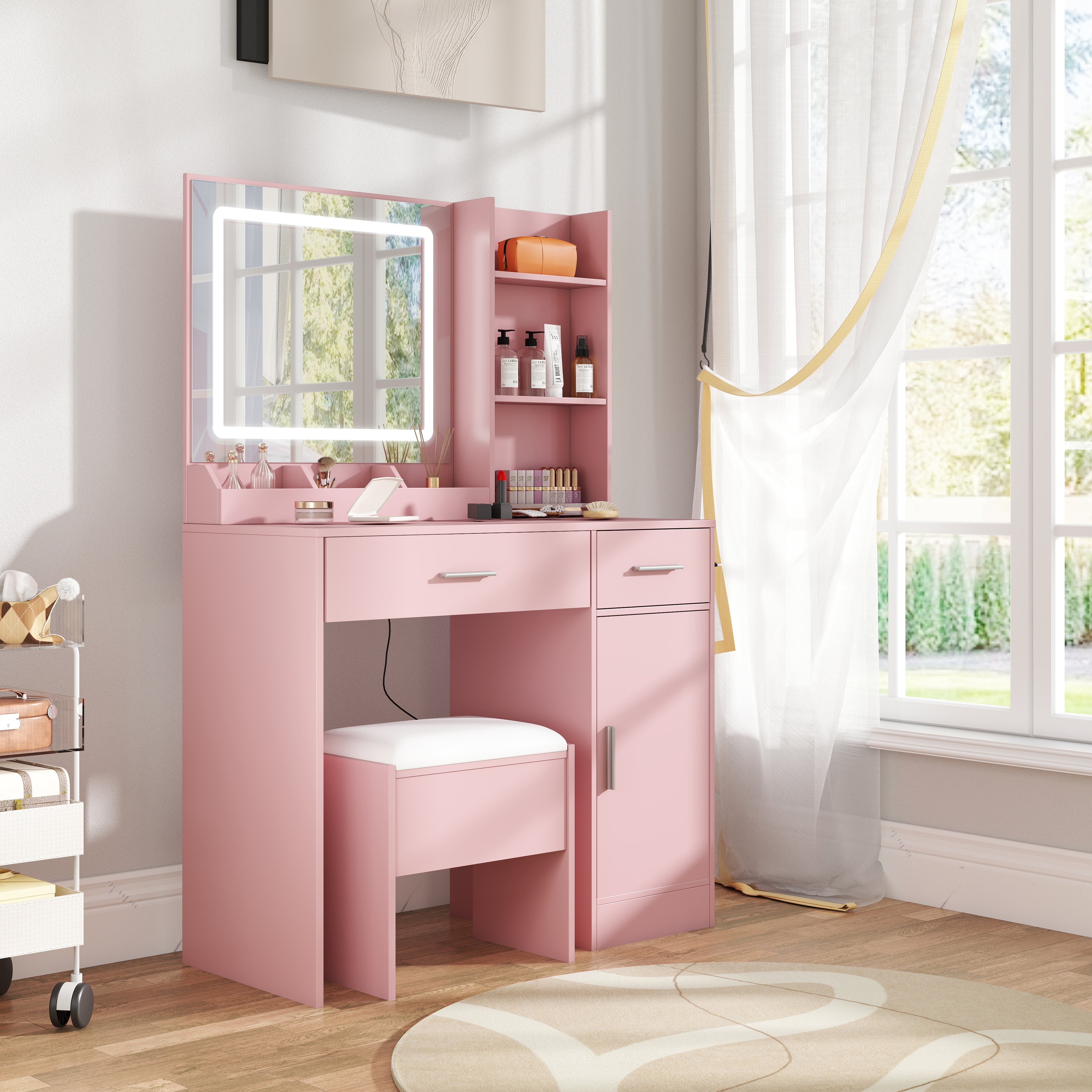 Roundhill Furniture Lavin Makeup Vanity Set with LED Light Mirror & Charging Station - White Vanity Desk & Stool for Bedroom, Dressing Room & Beauty Salon | Modern Makeup Table with Storage & USB Ports