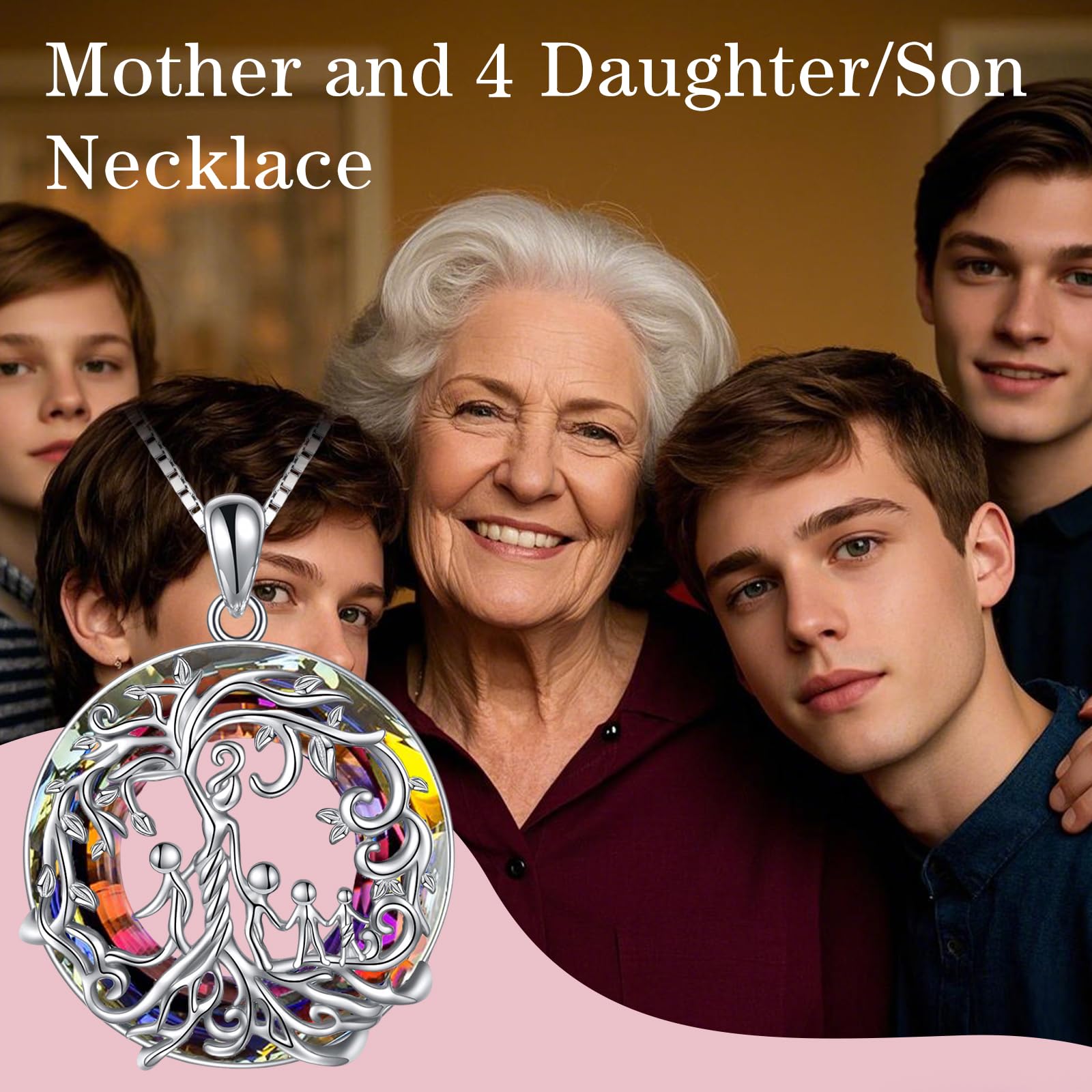 TOUPOP Sterling Silver Family Tree Necklace for Mom, Daughter, Son - 925 Silver Crystal Jewelry Gift for Mother's Day, Birthday, Grandma | Perfect for Family Reunions, Special Occasions & Heartfelt Moments