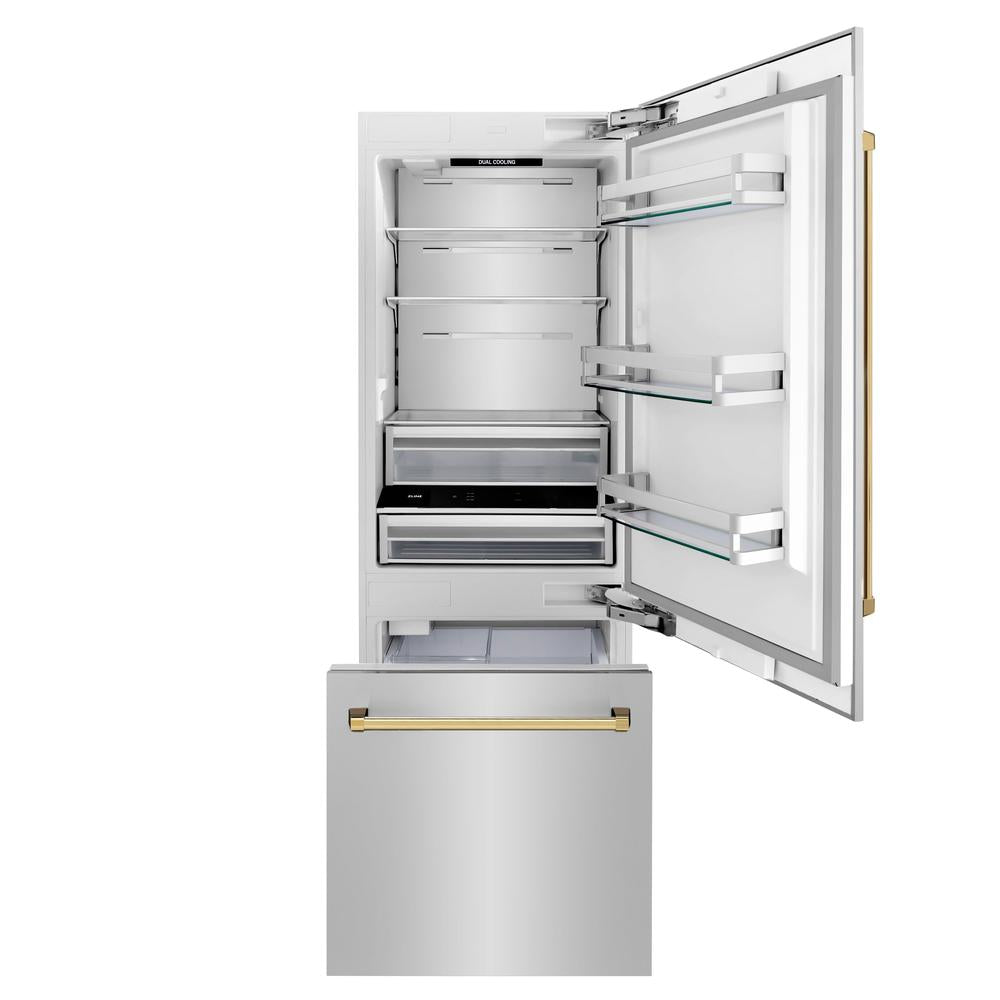 ZLINE Autograph Edition 30-inch 16.1 cu. ft. Built-In Bottom Freezer Refrigerator with Water Dispenser & Ice Maker - Stainless Steel with Polished Gold Accents (RBIVZ 304 30 G) - Perfect for Modern Kitchens & Luxury Homes