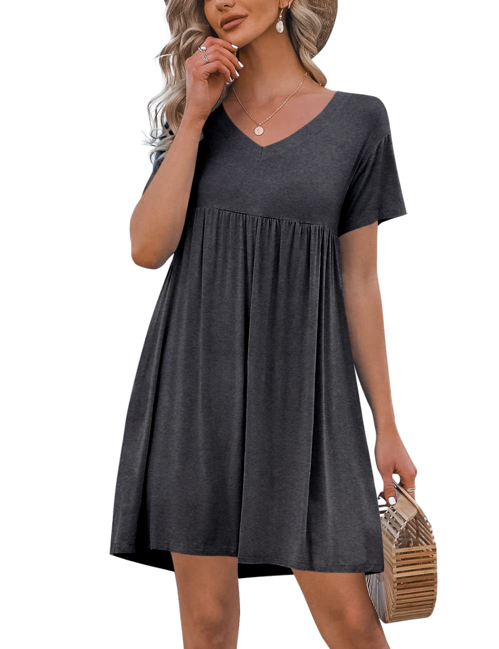 Imily Bela Women's Summer Casual V-Neck Short Sleeve Swing Dress with Pockets - Flowy T-Shirt Dress for Beach, Vacation & Everyday Wear