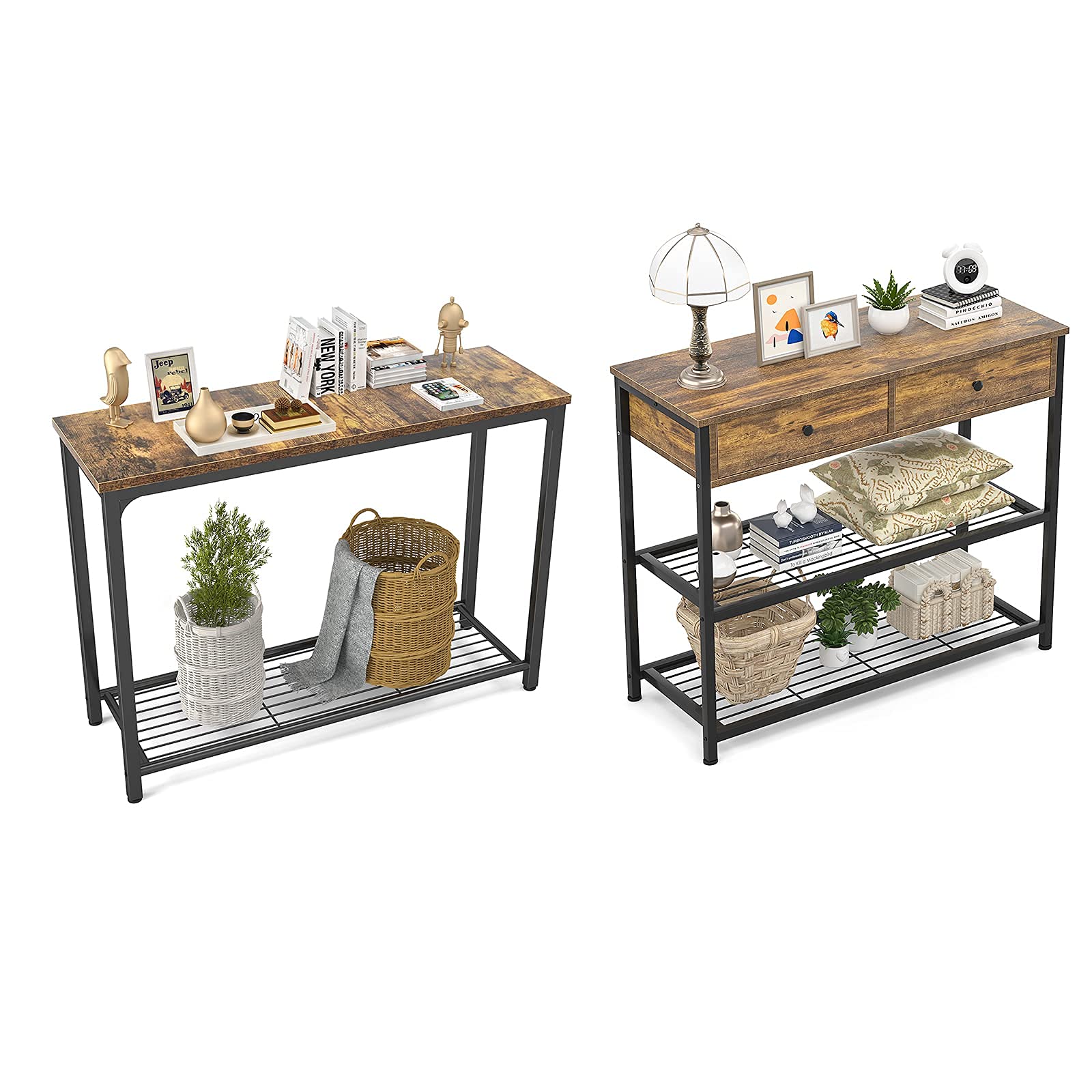 Industrial Style Sofa Table Console Table with Double Mesh Shelves & Drawers - Entryway Hallway Furniture for Living Room, Front Hall, Coffee Bar - Perfect for Small Spaces & Home Decor