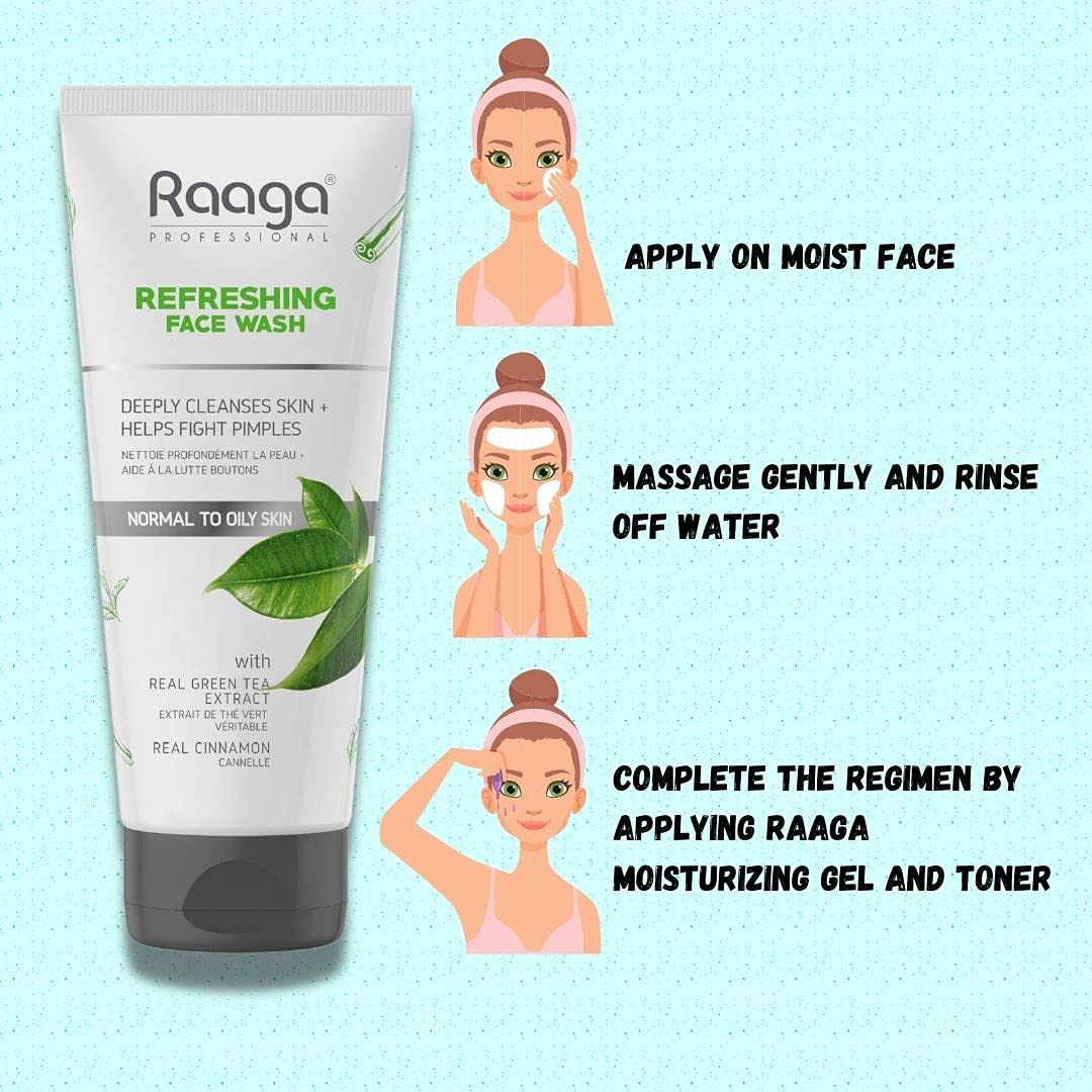Raaga Professional Refreshing Face Wash with Green Tea & Cinnamon Extract - Deep Cleansing for Normal to Oily Skin, Fights Acne & Pimples (80ml) | Daily Skincare Routine for Clear, Healthy Skin