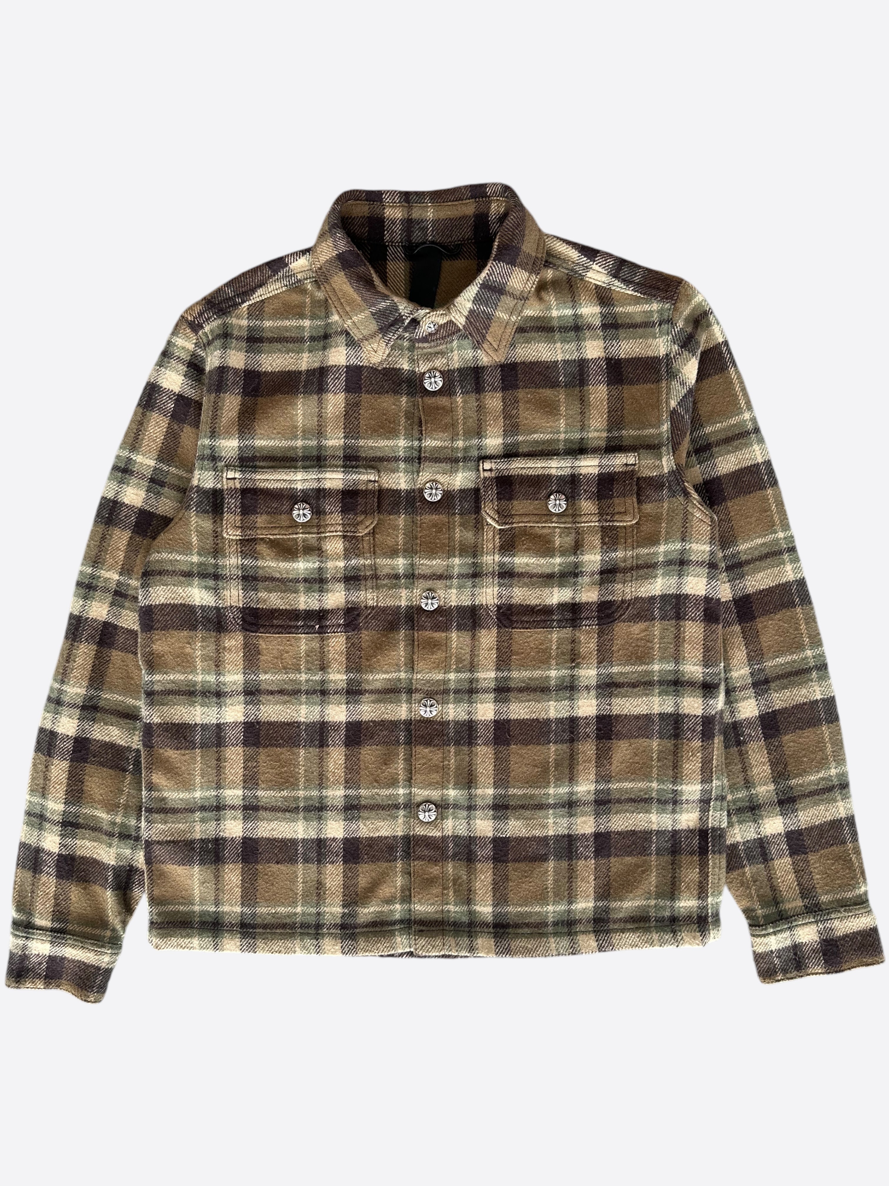 Chrome Hearts Brown Plaid Flannel Jacket for Men - Stylish Vintage Shirt with Button Front - Perfect for Casual Outfits, Streetwear & Fall Layering